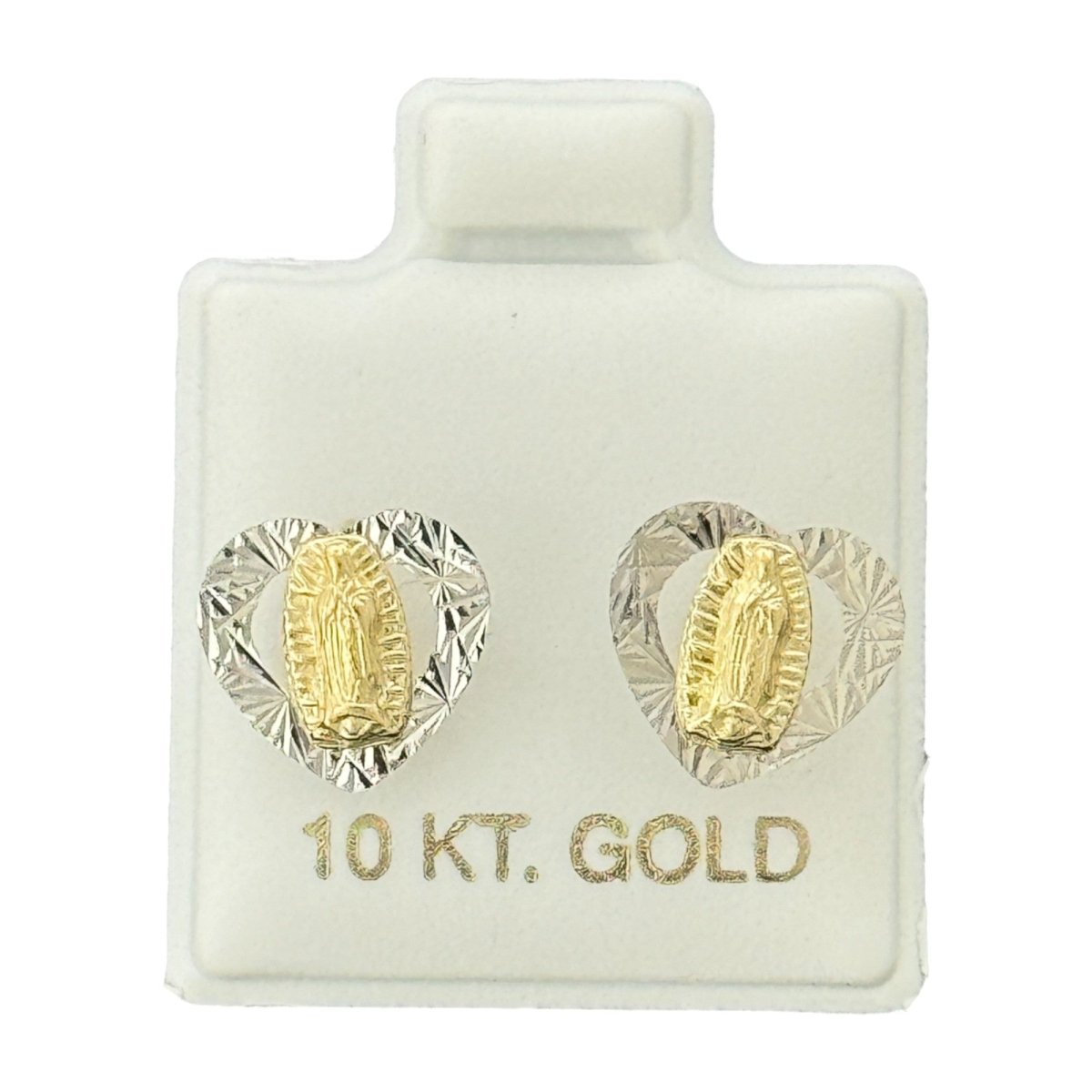 10KT Gold Virgin Mary Heart-Shaped Stud Earrings - Main Front View by Silver Factory