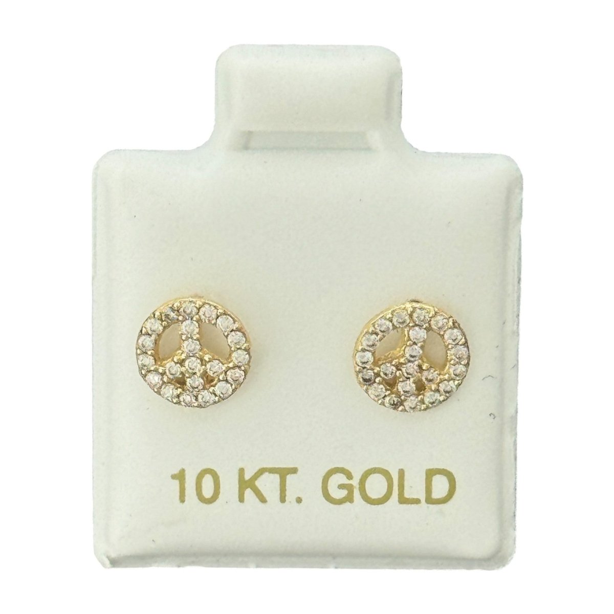10KT Peace Sign Round CZ Gold Earrings - Main Front View by Silver Factory