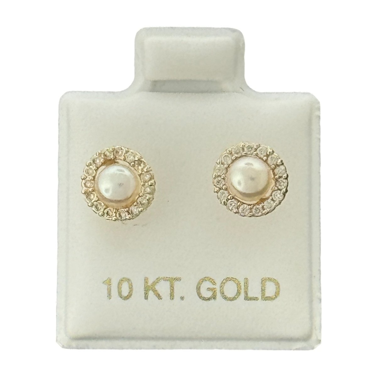 10KT Pearl and Halo CZ Gold Earrings - Main Front View by Silver Factory