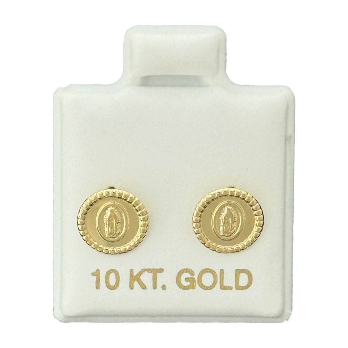10KT Round Virgin Mary Frame Stud Gold Earrings - Main Front View by Silver Factory
