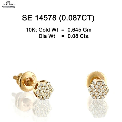 10KT yellow gold hexagon cluster diamond stud earrings 0.087ct total SI clarity with screw backs – front and side view SE14578