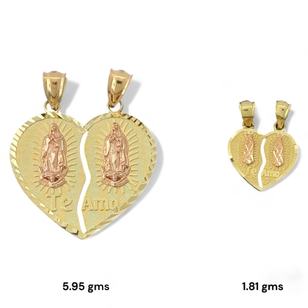 14KT Yellow and Rose Gold "Te Amo" Breakable Heart Pendants with Virgin Mary