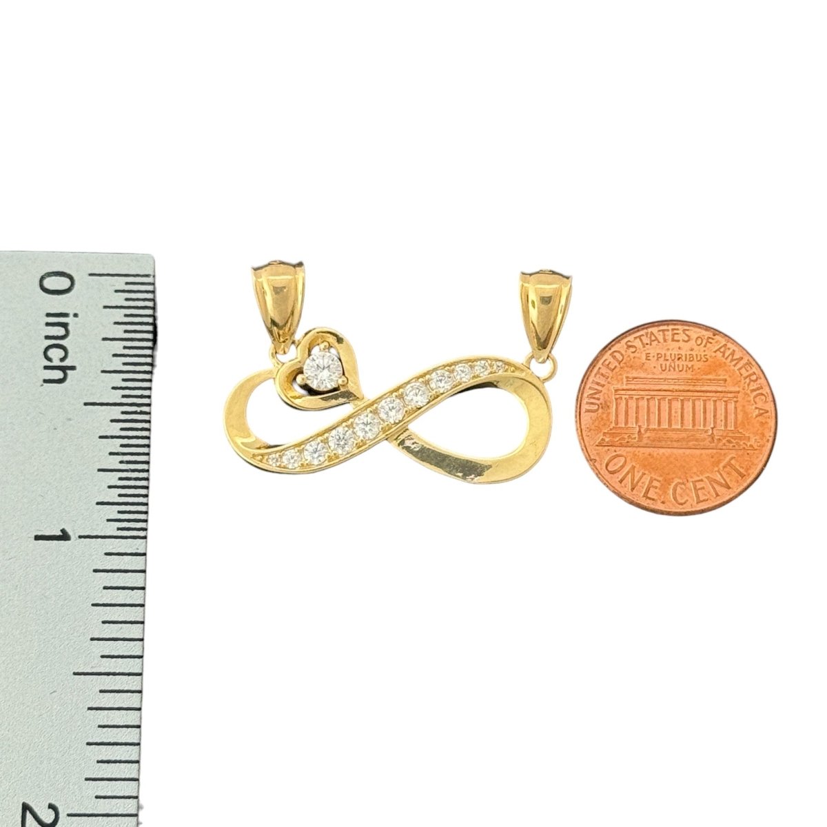 14KT Yellow Gold Double Bail Infinity Pendant with Heart and CZ Accents