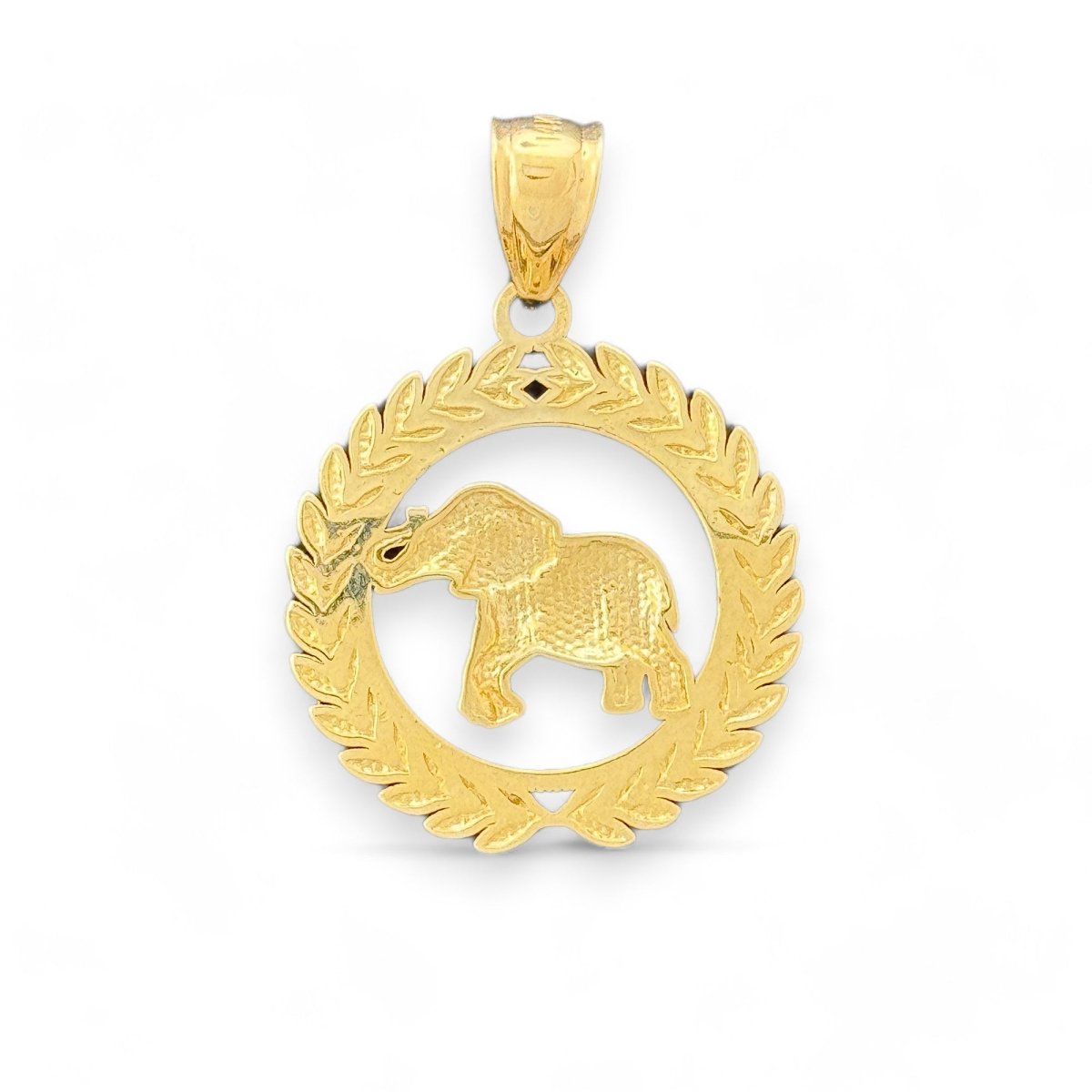 14KT Yellow Gold Elephant Pendant with Wreath Design