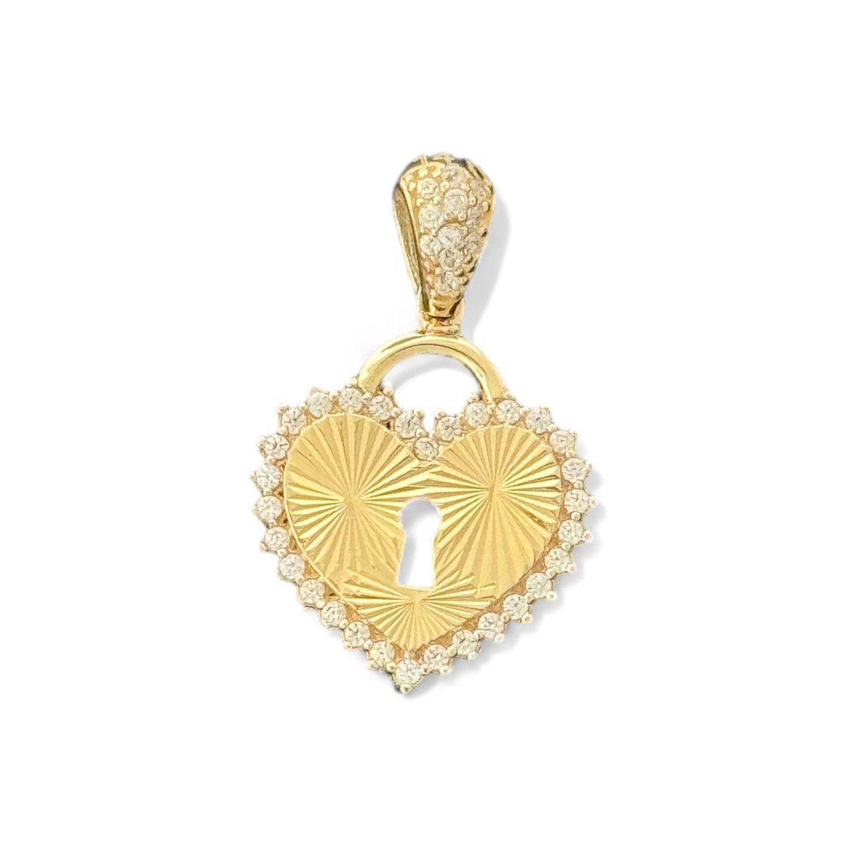 14KT Yellow Gold Heart Lock Pendant with CZ Stones
