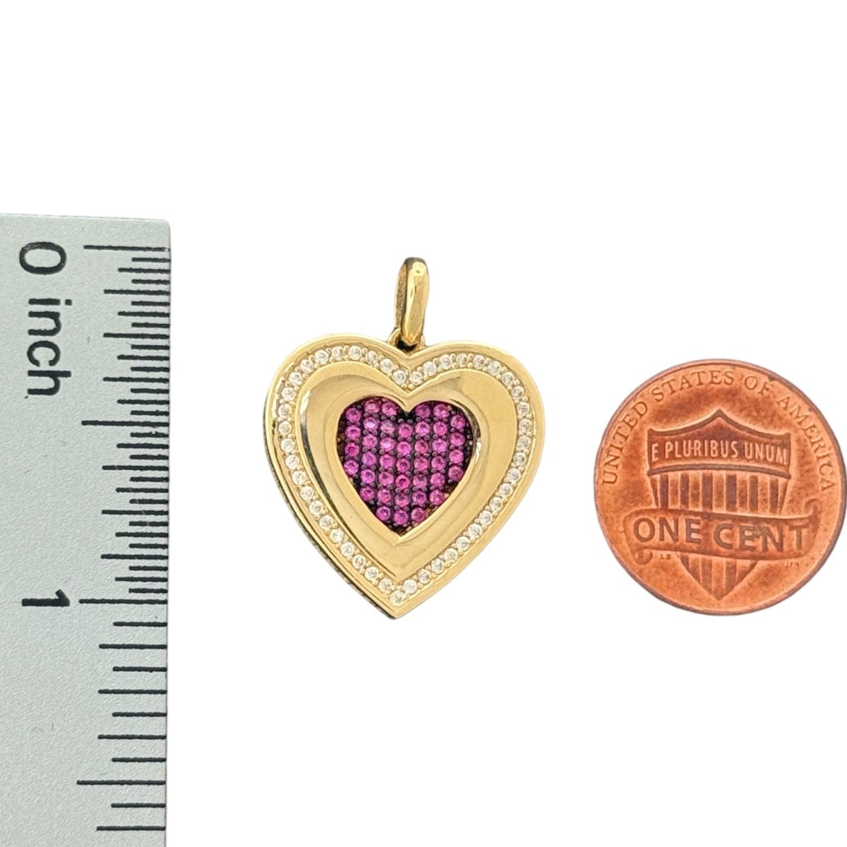 14KT Yellow Gold Heart Pendant with Red and CZ Stones