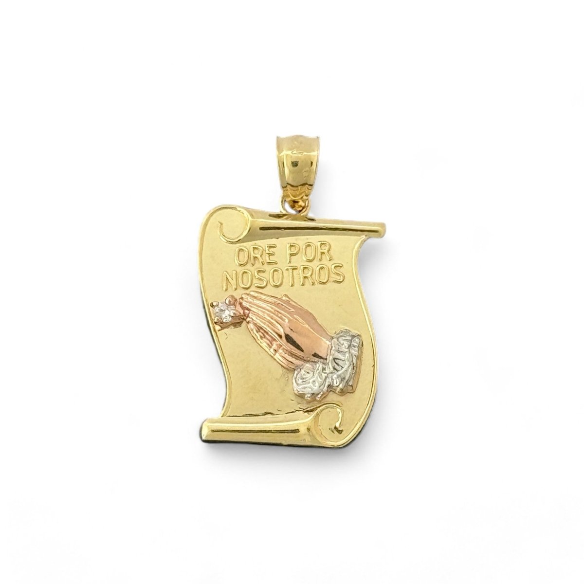 14KT Yellow Gold "Ore Por Nosotros" Prayer Hands Pendant