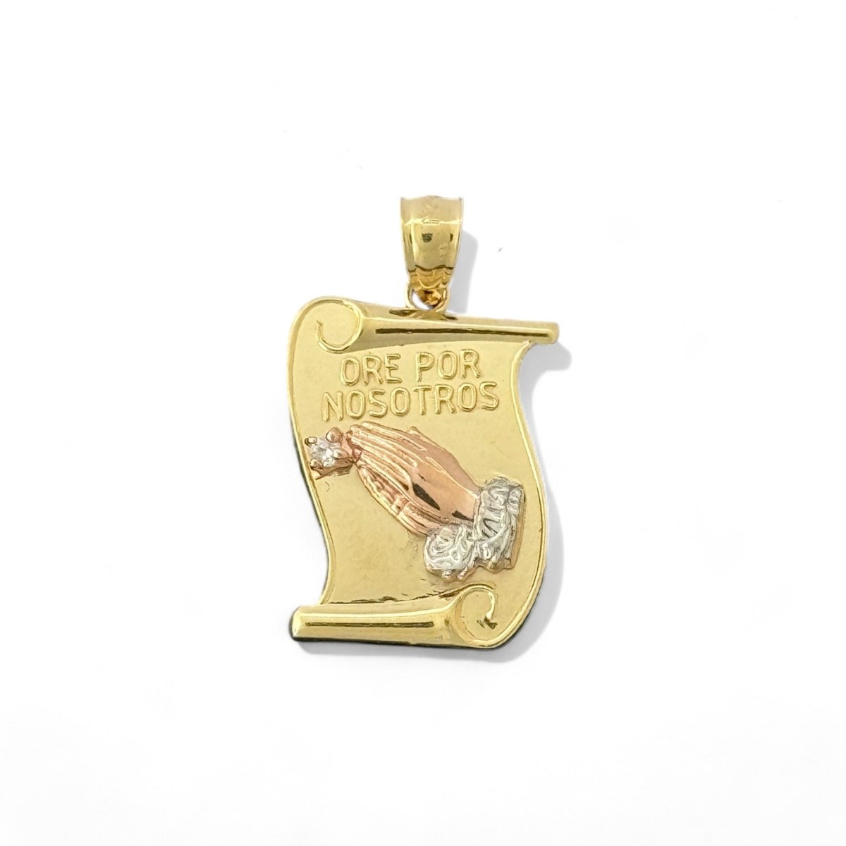 14KT Yellow Gold "Ore Por Nosotros" Prayer Hands Pendant