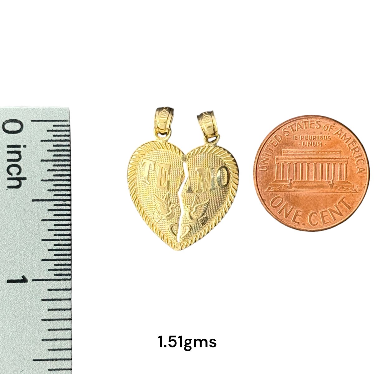 14KT Yellow Gold "Te Amo" Breakable Heart Pendants with Doves