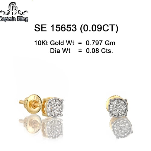 Timeless 10KT yellow gold round brilliant diamond stud earrings with a 0.09-carat center stone and secure screw-back setting