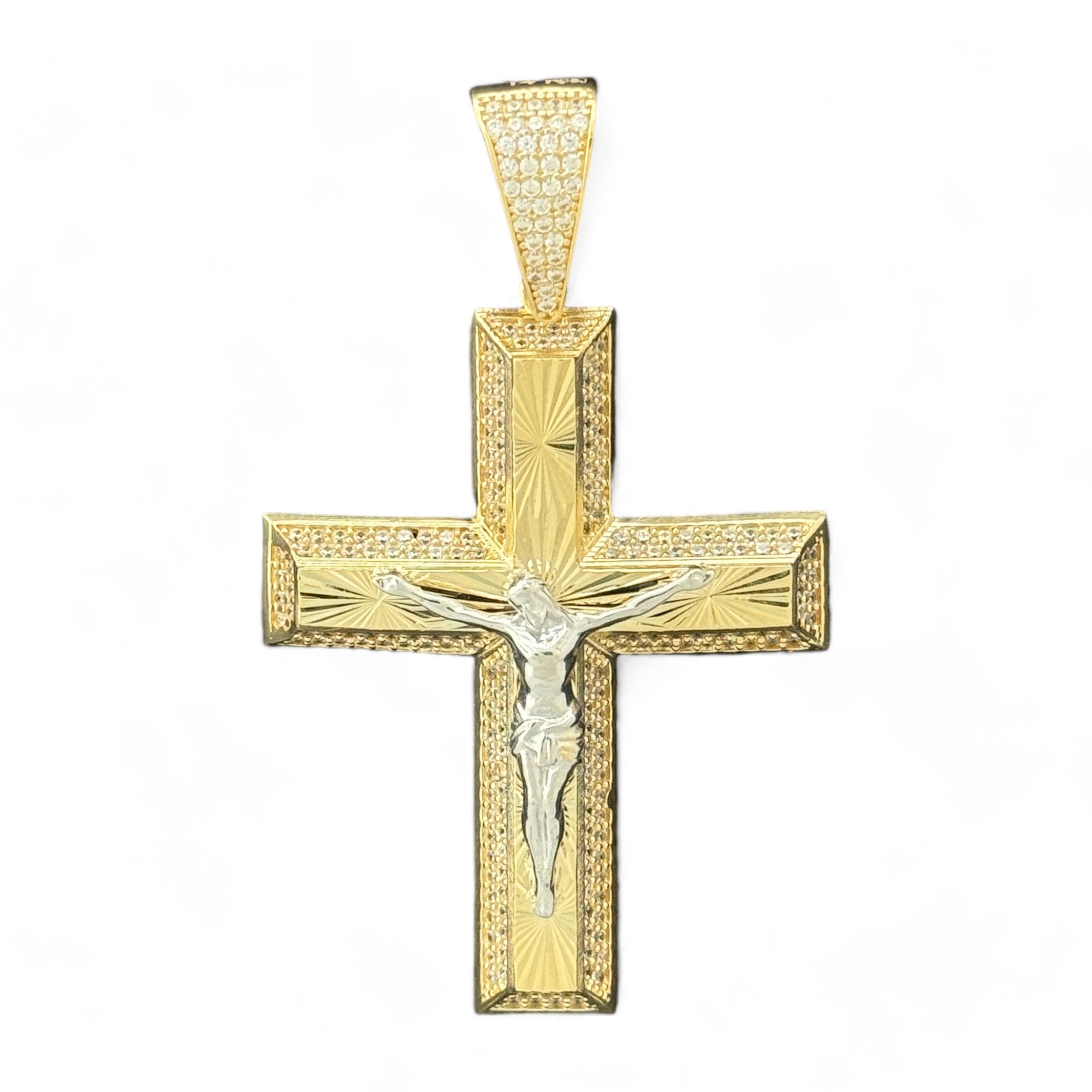 14KT Gold Crucifix Cross Pendant with Sparkling Cubic Zirconia Stones - Elegant Religious Jewelry