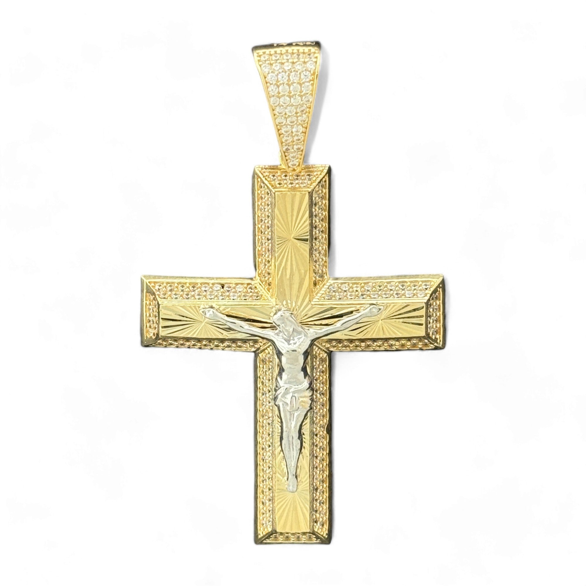 14KT Gold Crucifix Cross Pendant with Sparkling Cubic Zirconia Stones - Elegant Religious Jewelry