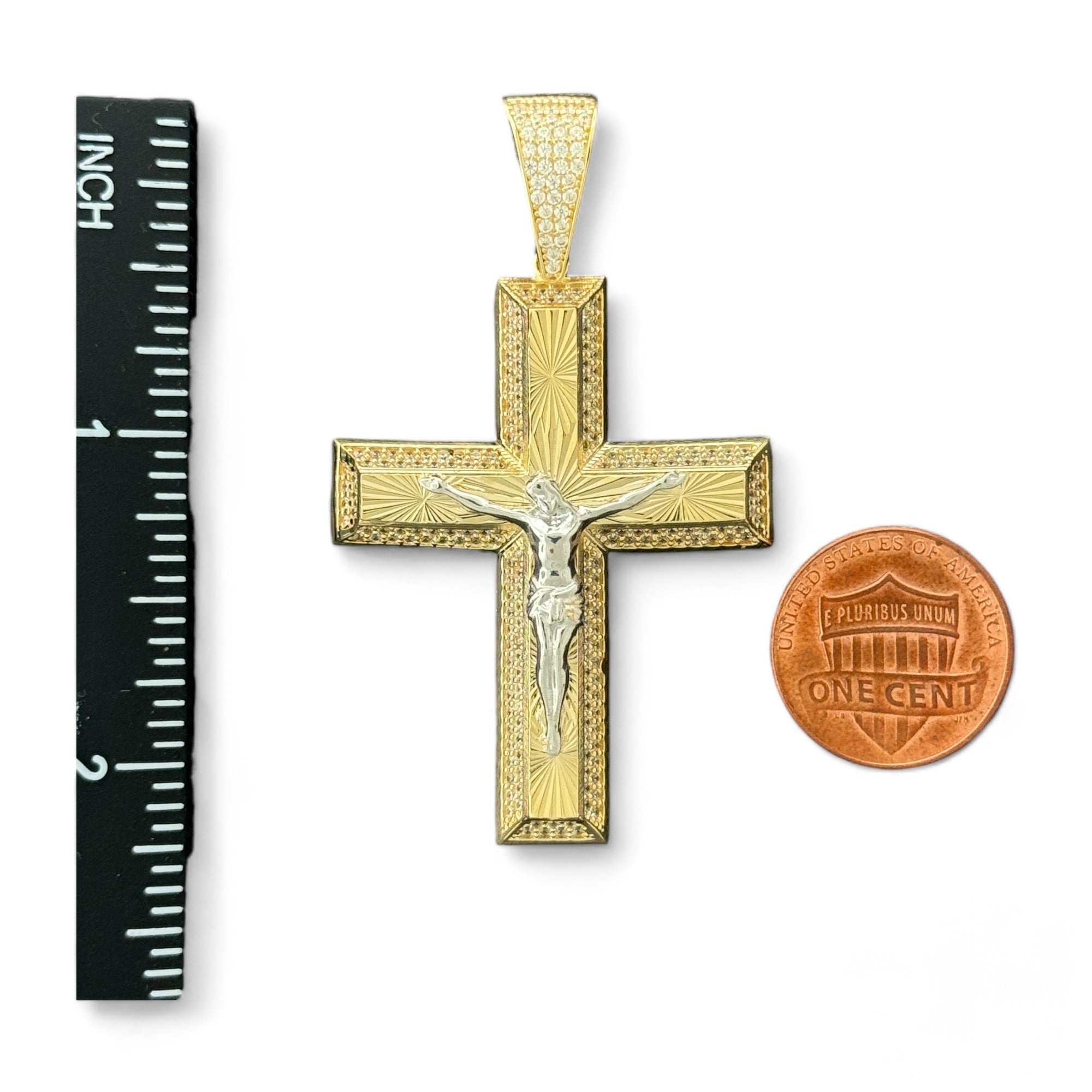 14KT Gold Crucifix Cross Pendant with Sparkling Cubic Zirconia Stones - Elegant Religious Jewelry