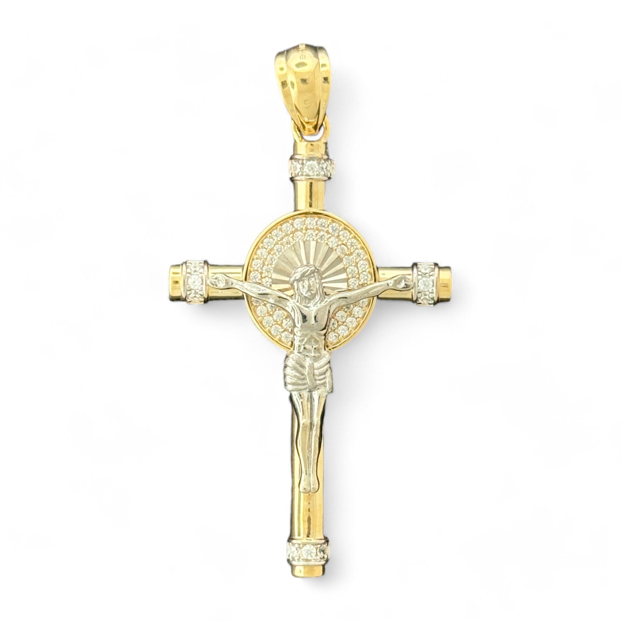 14KT Gold Crucifix Cross Pendant with Sparkling Cubic Zirconia Stones - Elegant Religious Jewelry