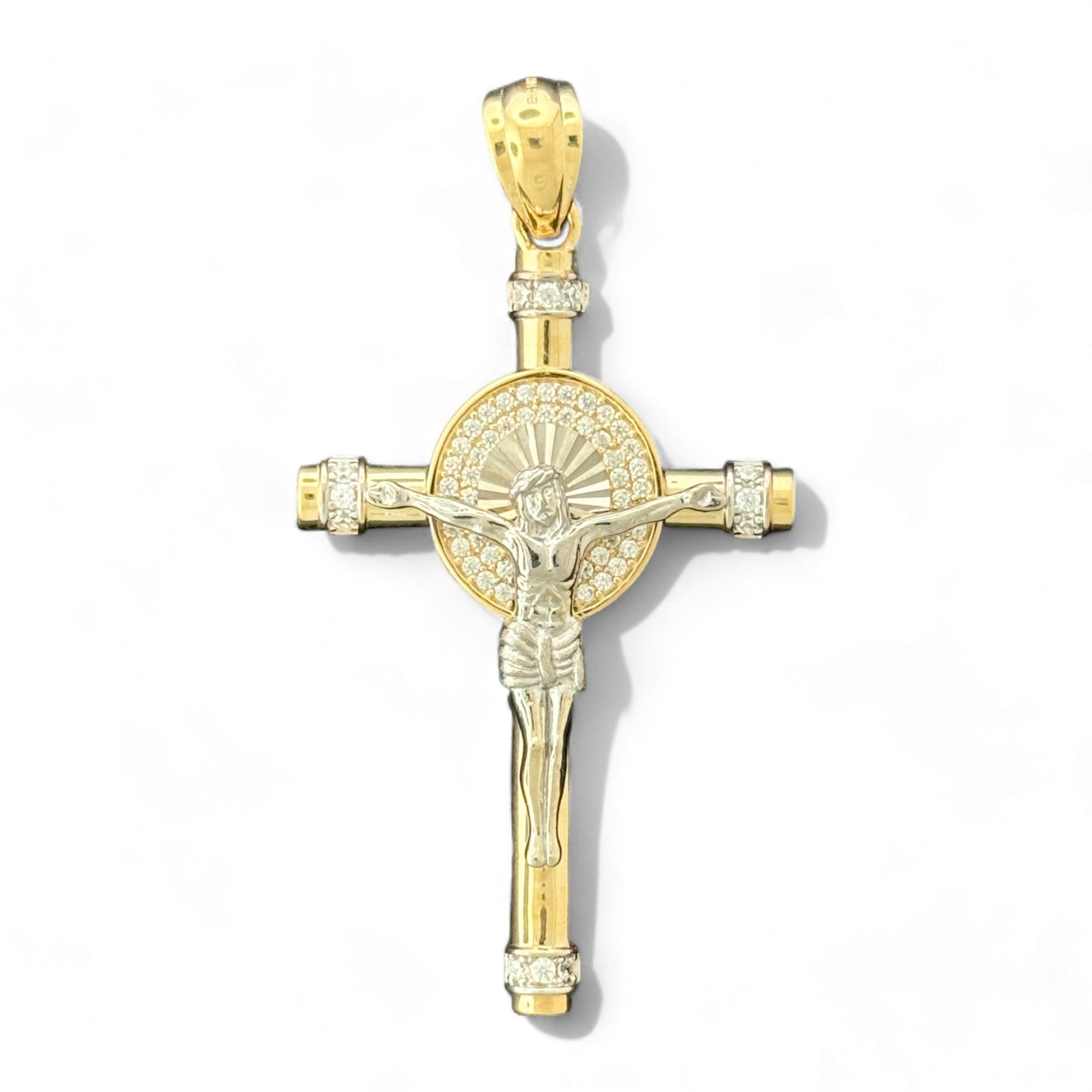 14KT Gold Crucifix Cross Pendant with Sparkling Cubic Zirconia Stones - Elegant Religious Jewelry