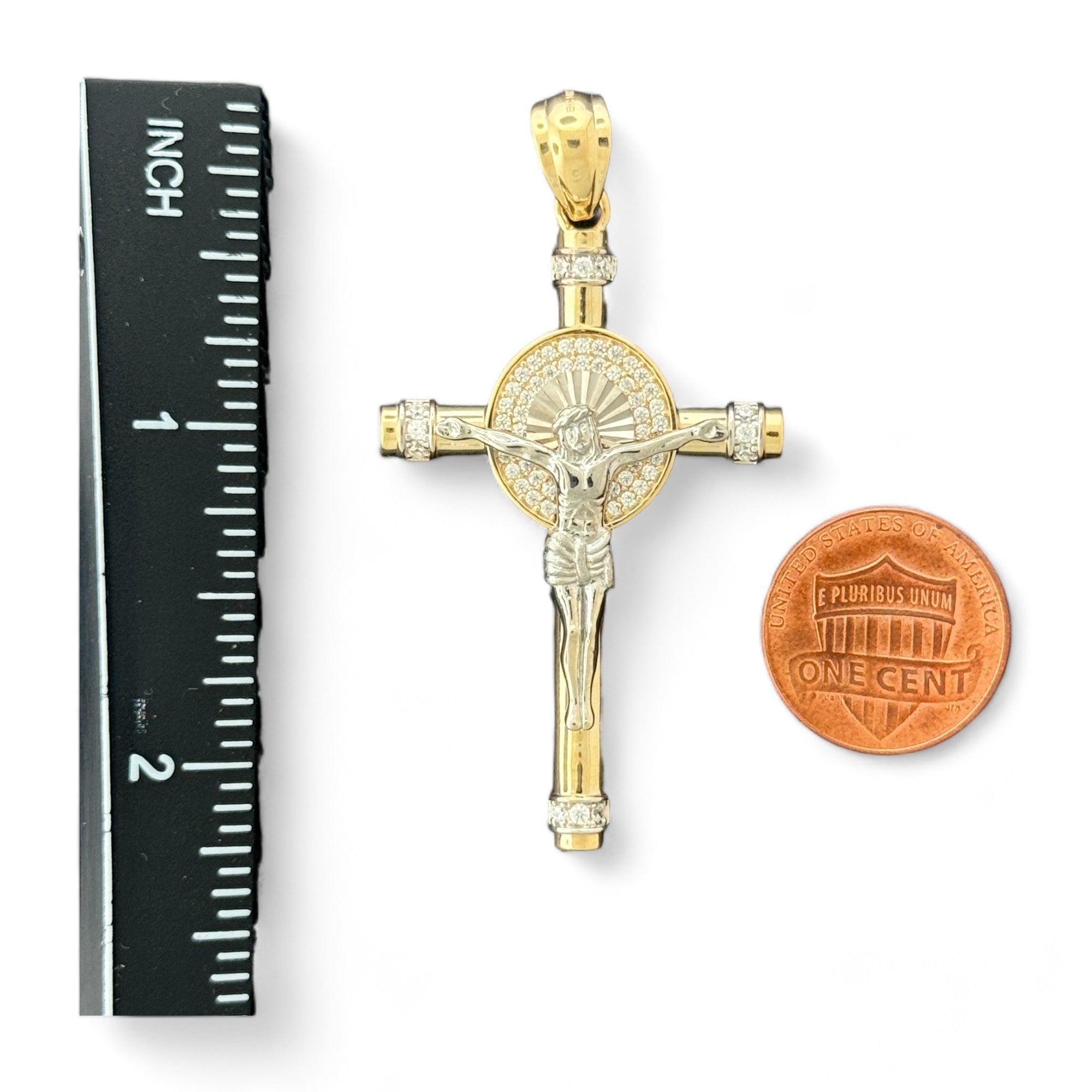 14KT Gold Crucifix Cross Pendant with Sparkling Cubic Zirconia Stones - Elegant Religious Jewelry