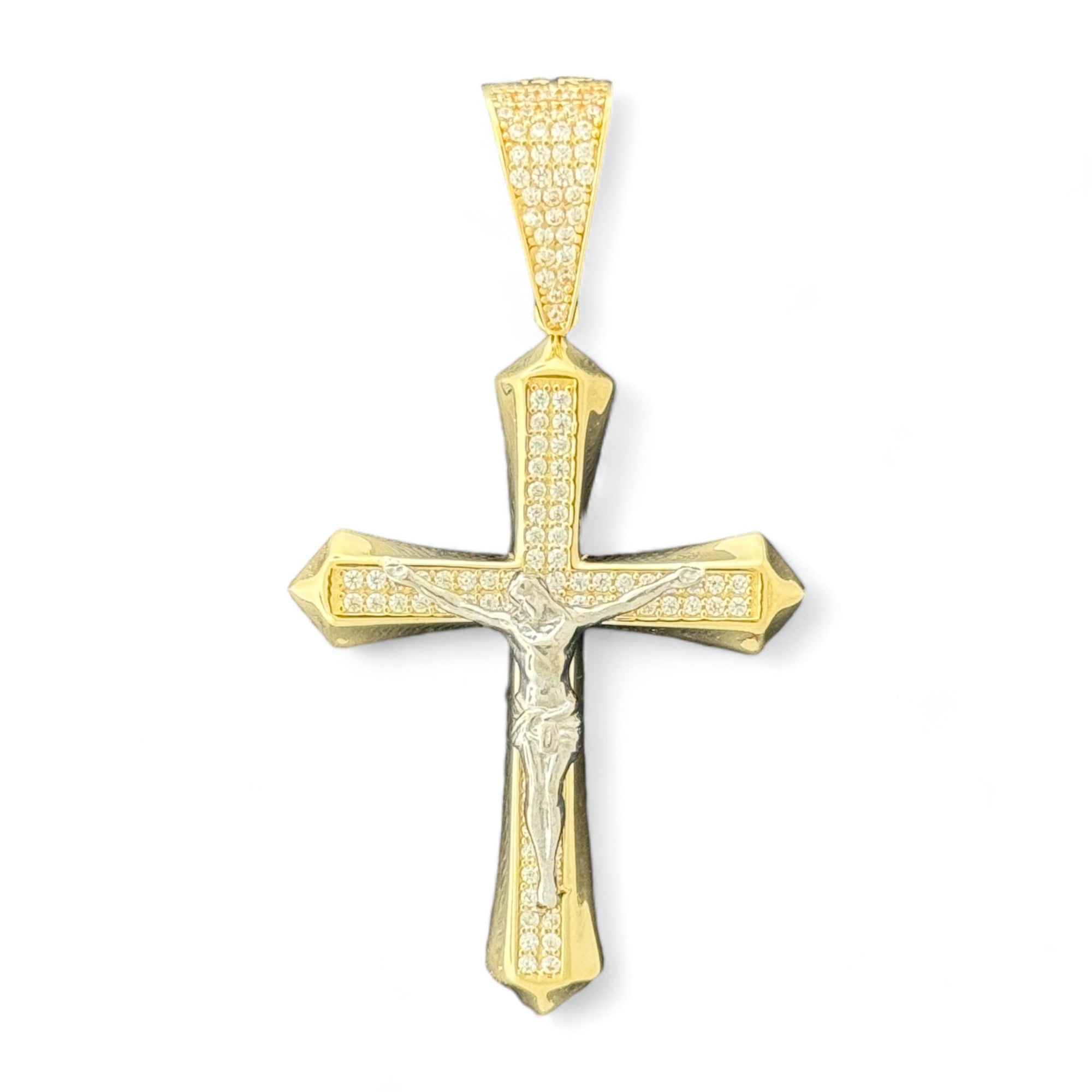 14KT Gold Crucifix Cross Pendant with Sparkling Cubic Zirconia Stones - Elegant Religious Jewelry