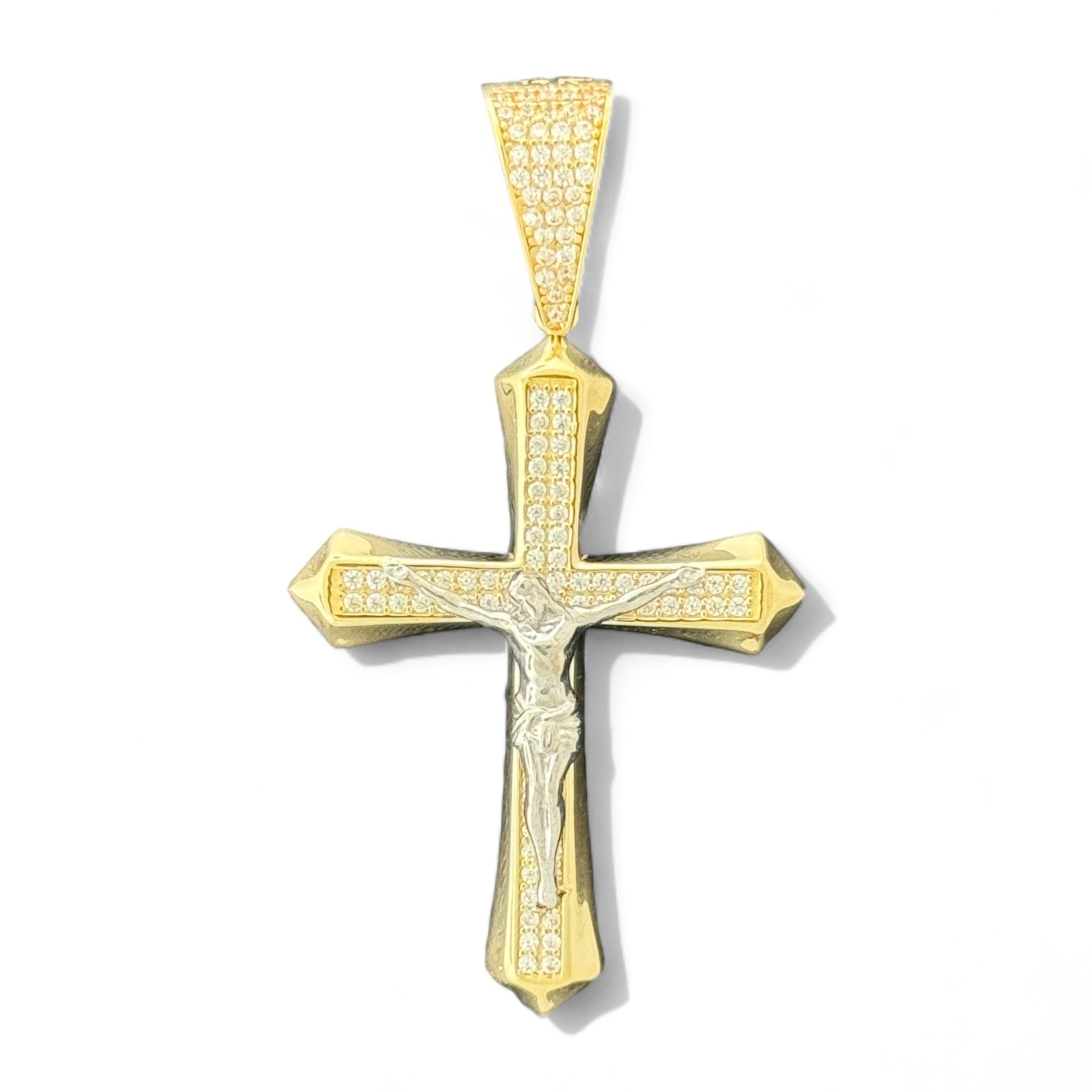 14KT Gold Crucifix Cross Pendant with Sparkling Cubic Zirconia Stones - Elegant Religious Jewelry