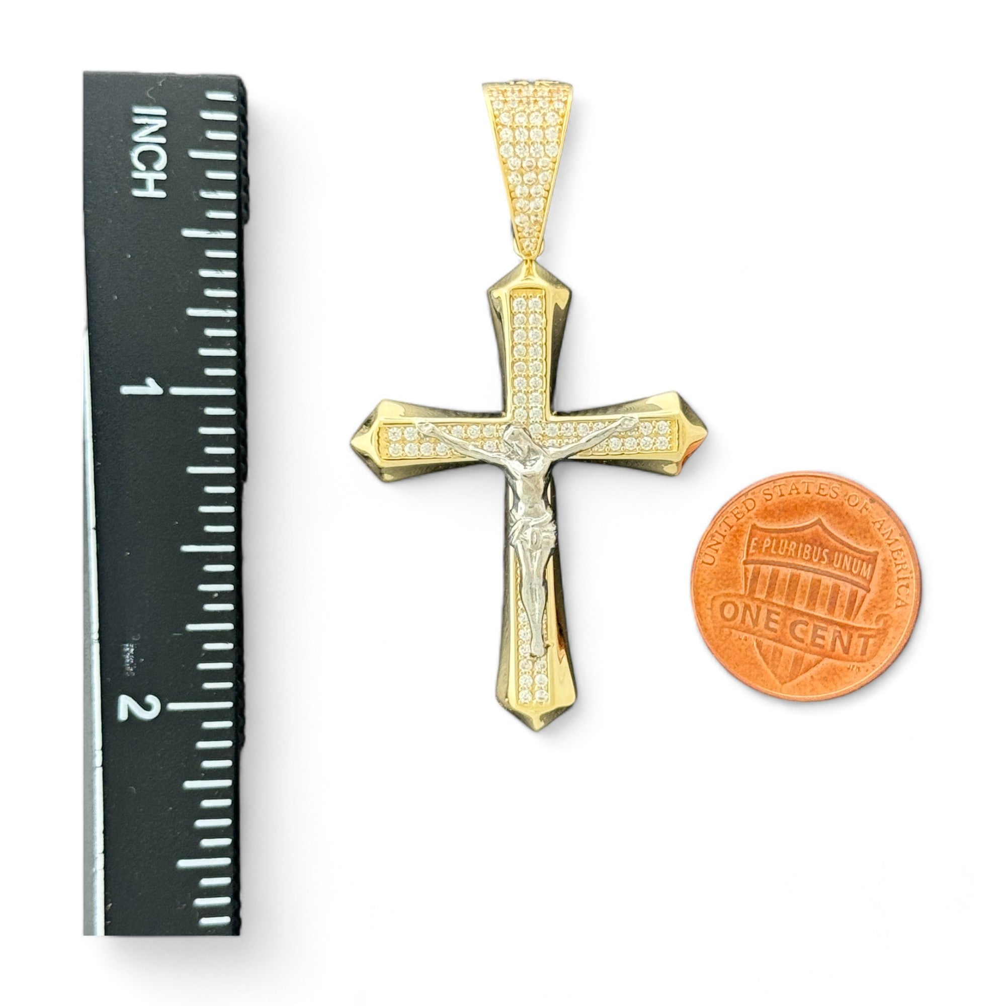14KT Gold Crucifix Cross Pendant with Sparkling Cubic Zirconia Stones - Elegant Religious Jewelry