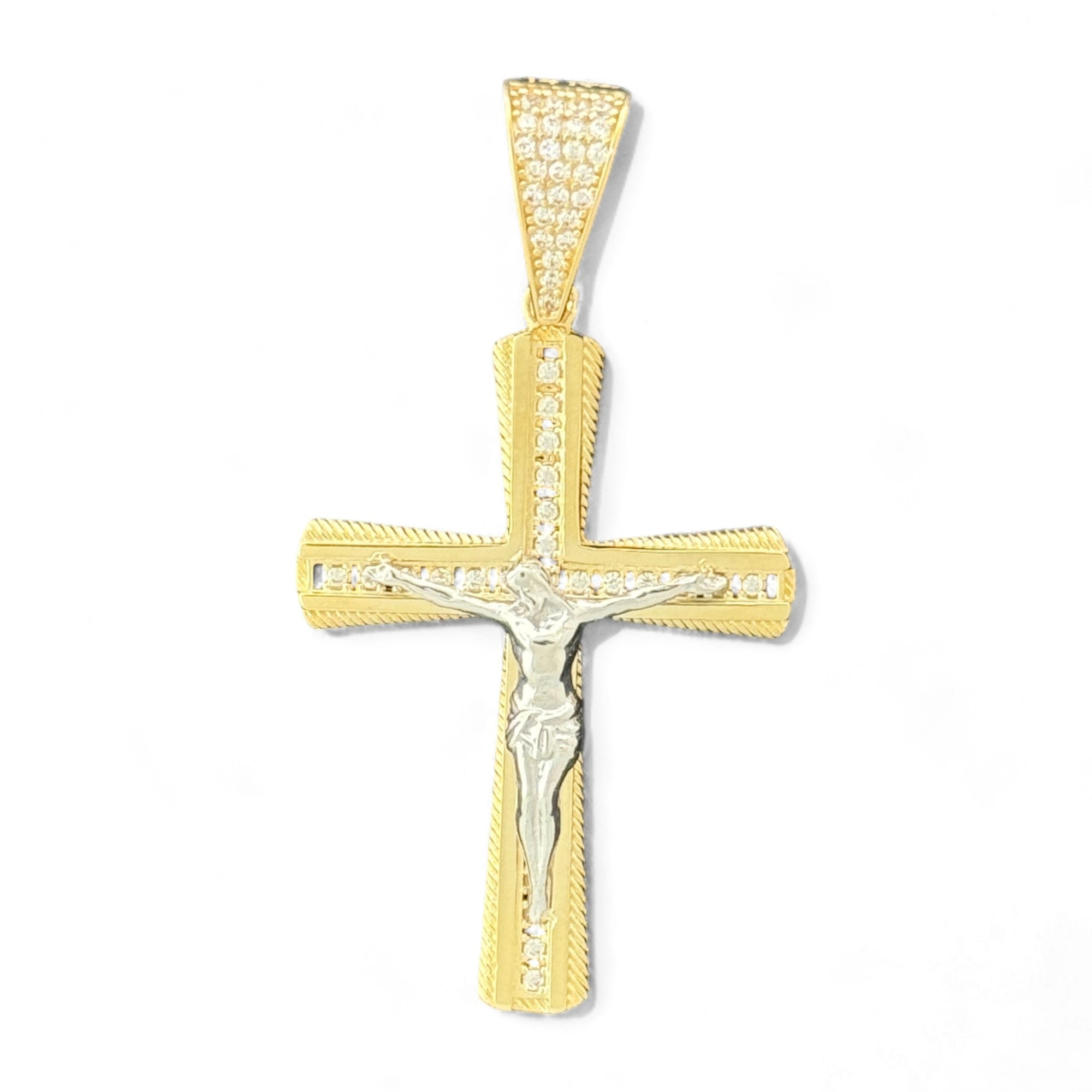 14KT Gold Crucifix Cross Pendant with Sparkling Cubic Zirconia Stones - Elegant Religious Jewelry