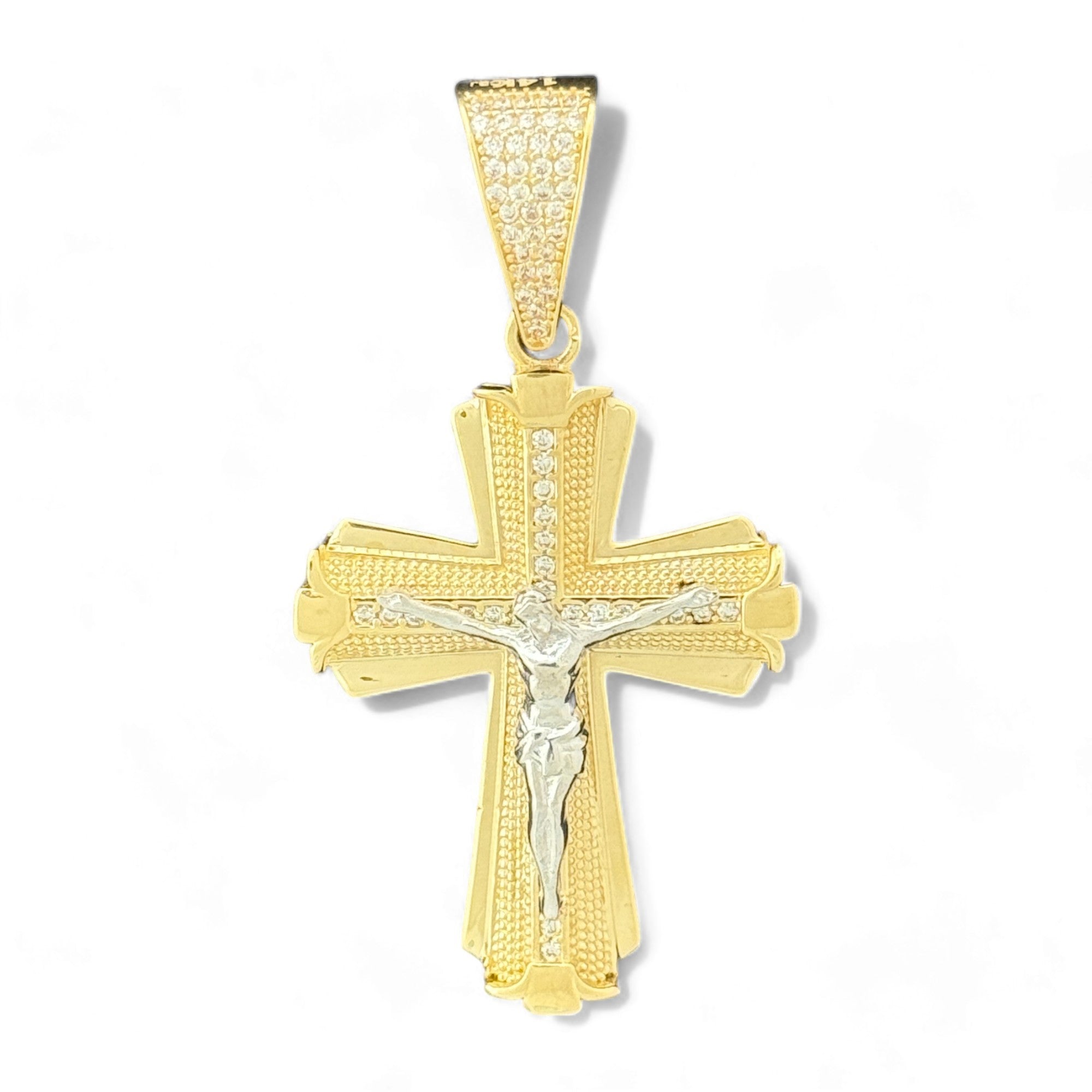 14KT Gold Crucifix Cross Pendant with Sparkling Cubic Zirconia Stones - Elegant Religious Jewelry