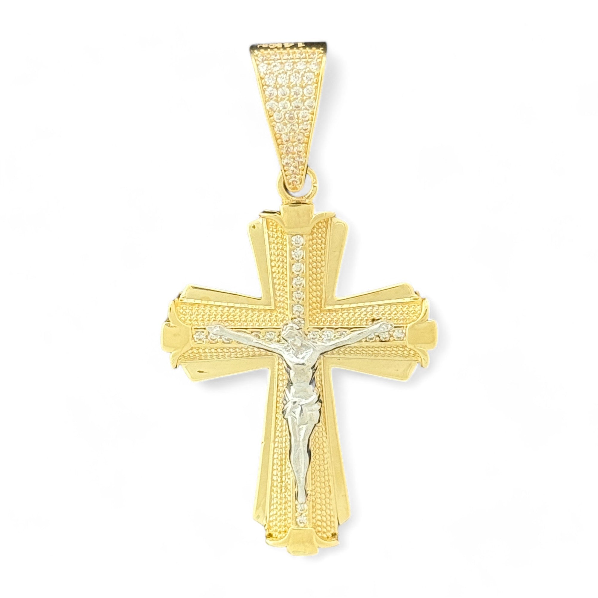 14KT Gold Crucifix Cross Pendant with Sparkling Cubic Zirconia Stones - Elegant Religious Jewelry