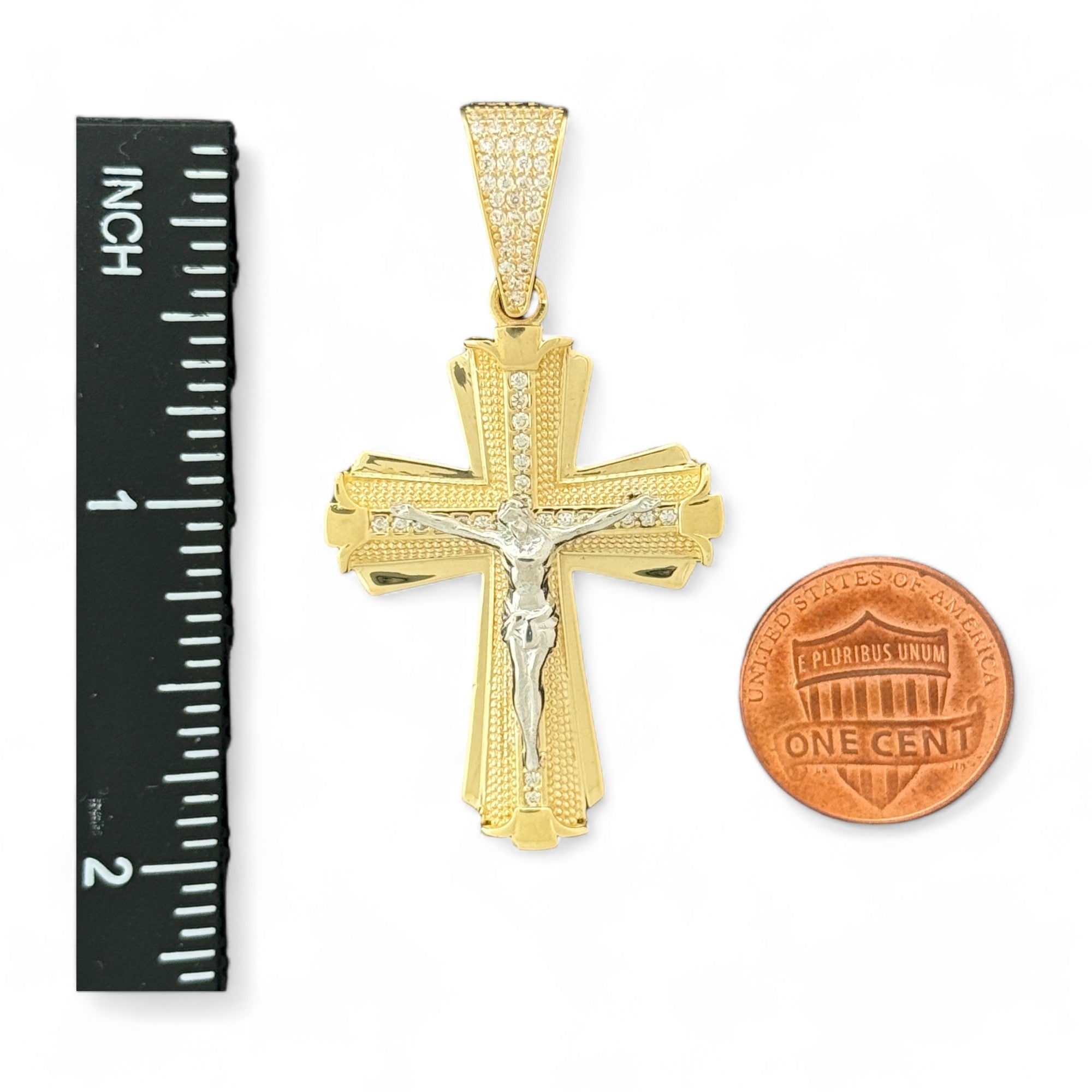 14KT Gold Crucifix Cross Pendant with Sparkling Cubic Zirconia Stones - Elegant Religious Jewelry