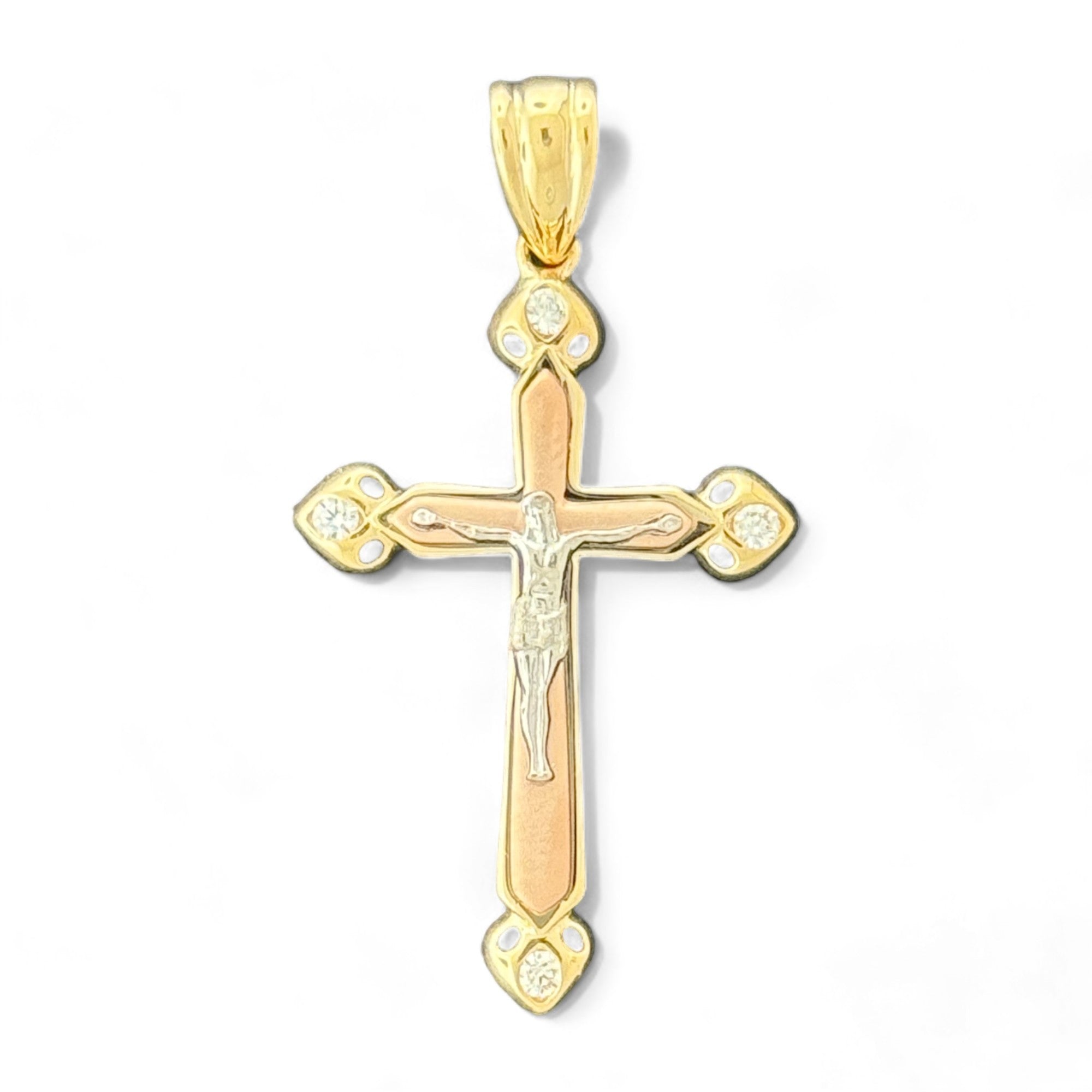 14KT Gold Crucifix Cross Pendant with Sparkling Cubic Zirconia Stones - Elegant Religious Jewelry