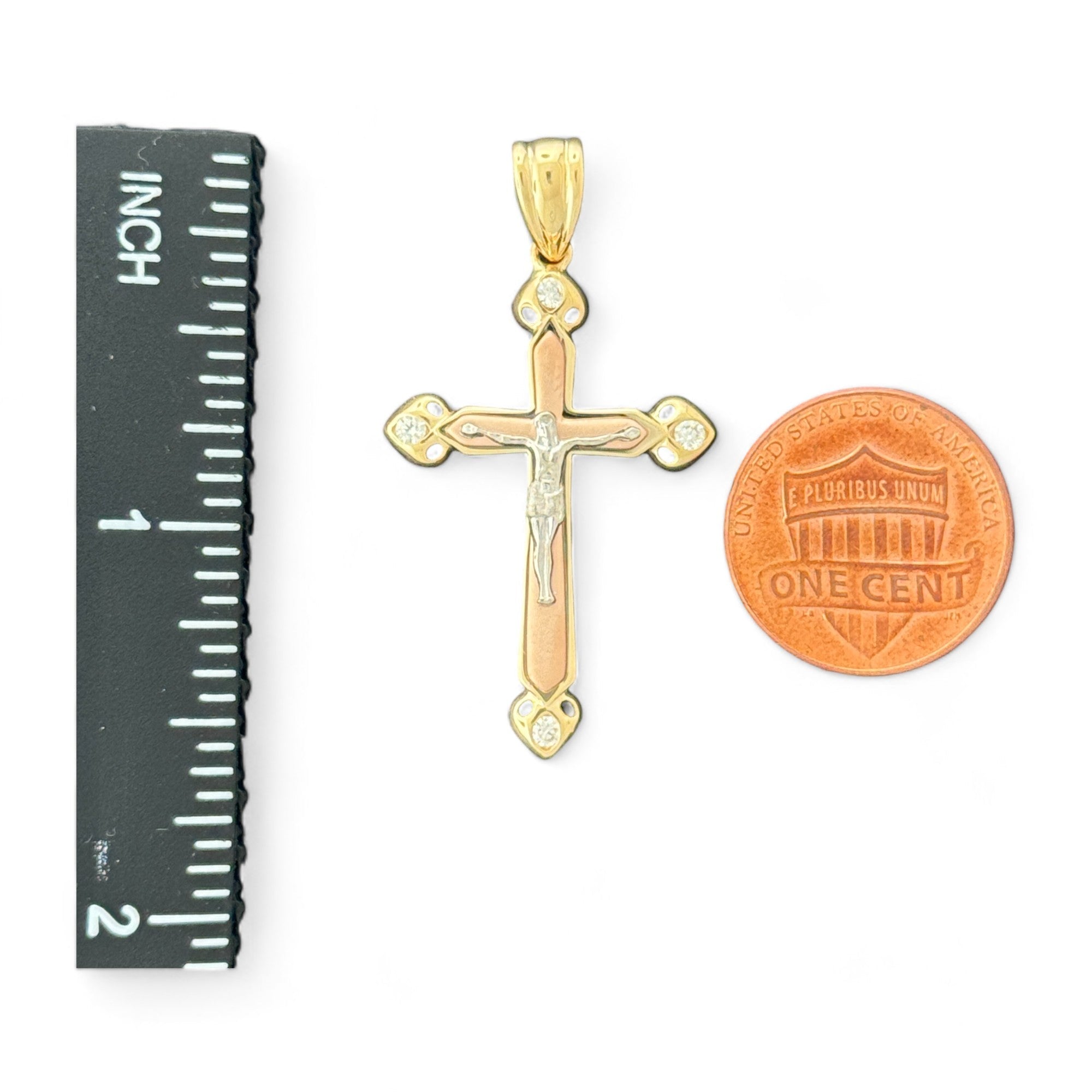 14KT Gold Crucifix Cross Pendant with Sparkling Cubic Zirconia Stones - Elegant Religious Jewelry