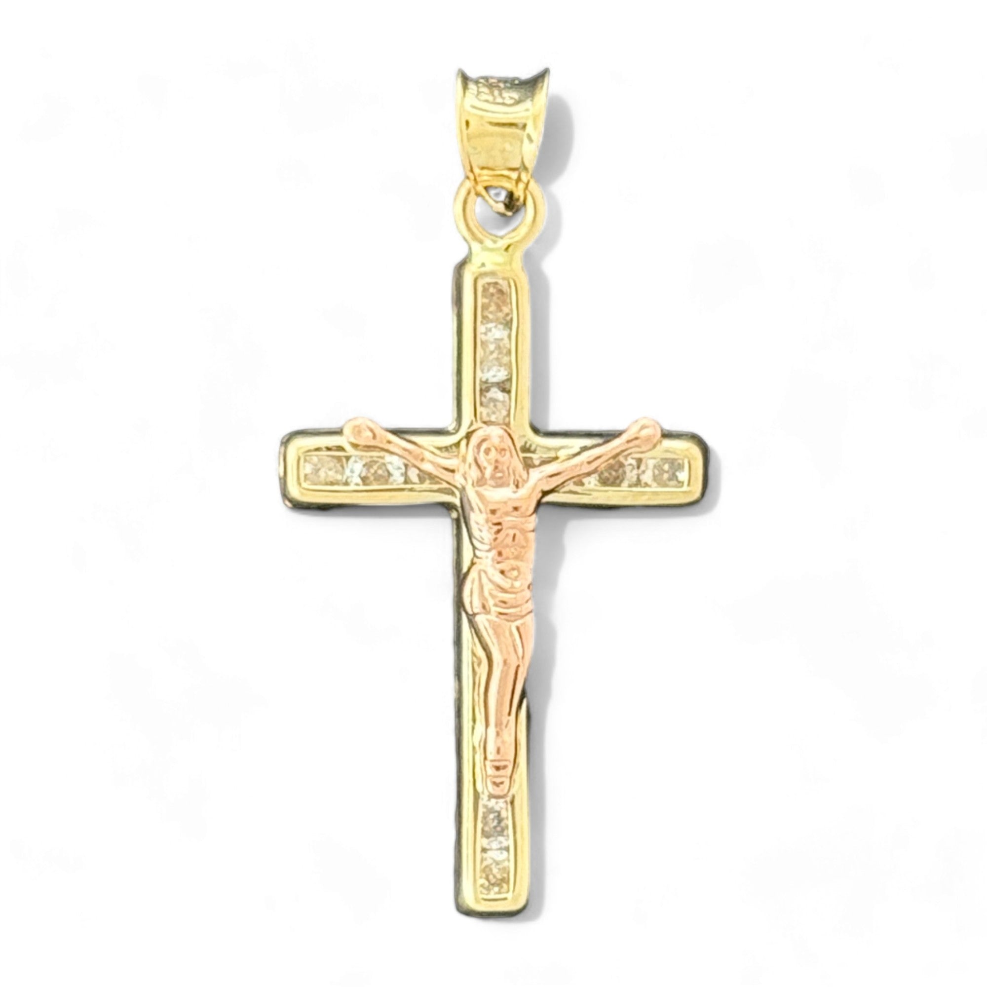 14KT Gold Crucifix Cross Pendant with Sparkling Cubic Zirconia Stones - Elegant Religious Jewelry
