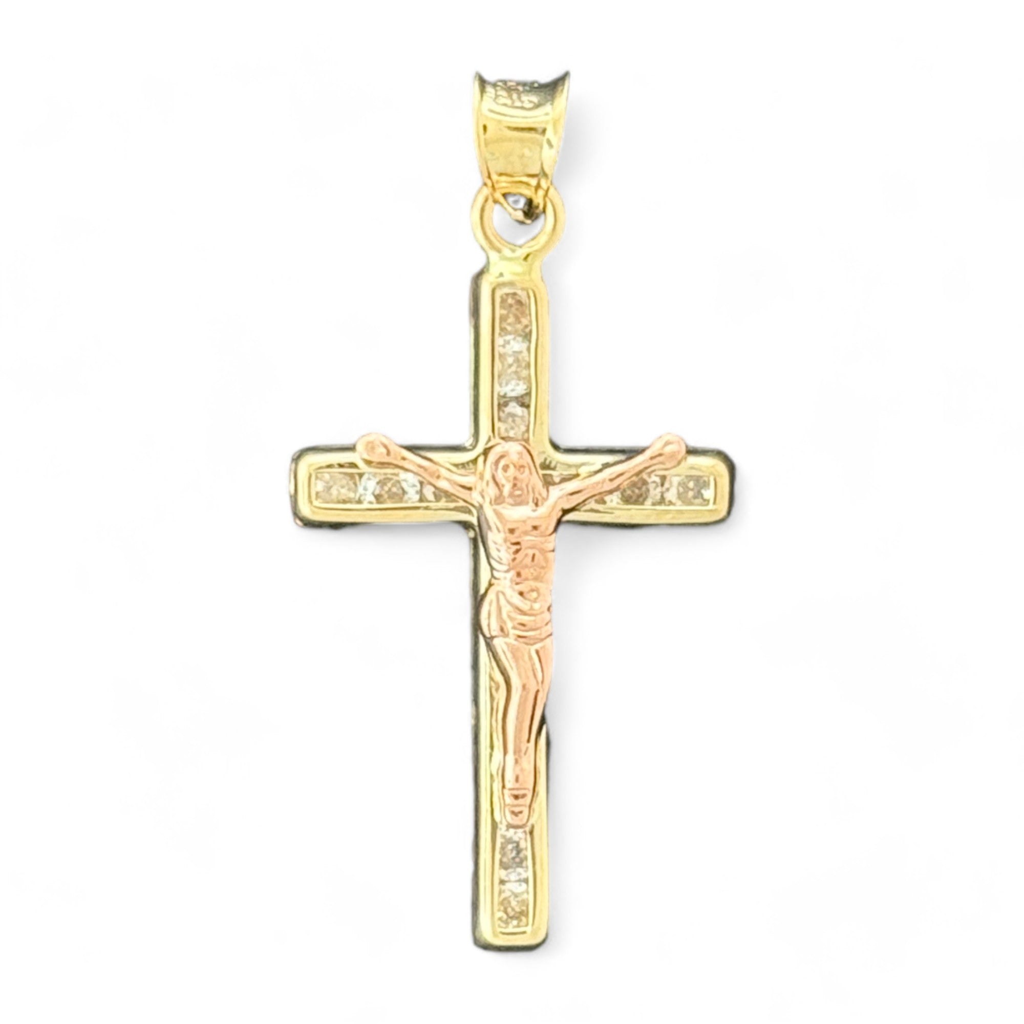 14KT Gold Crucifix Cross Pendant with Sparkling Cubic Zirconia Stones - Elegant Religious Jewelry