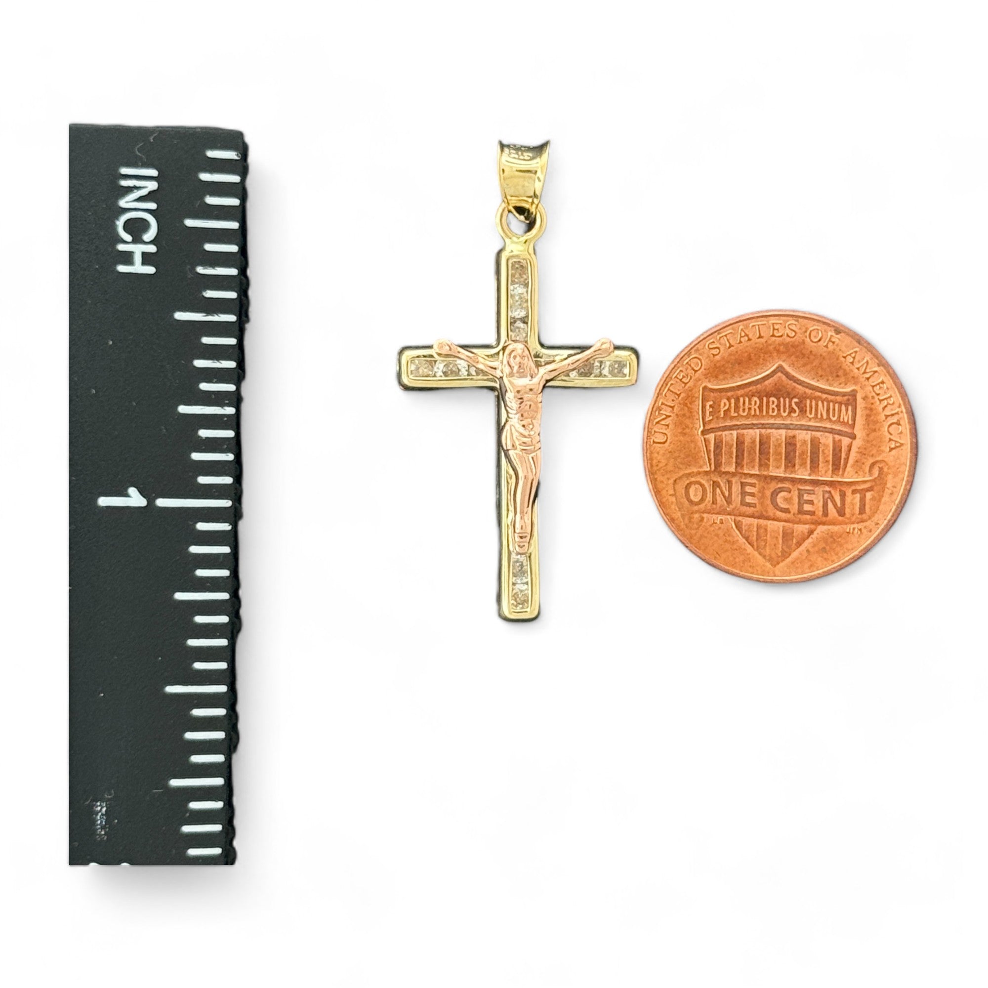 14KT Gold Crucifix Cross Pendant with Sparkling Cubic Zirconia Stones - Elegant Religious Jewelry