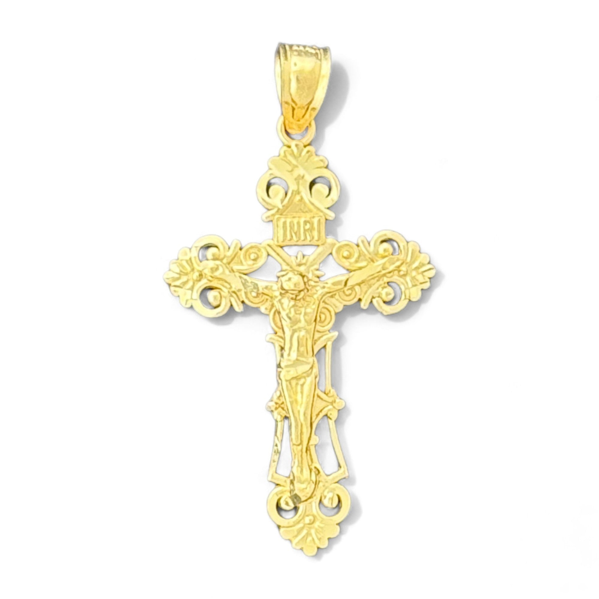 14KT Gold Crucifix Cross Pendant with Sparkling Cubic Zirconia Stones - Elegant Religious Jewelry