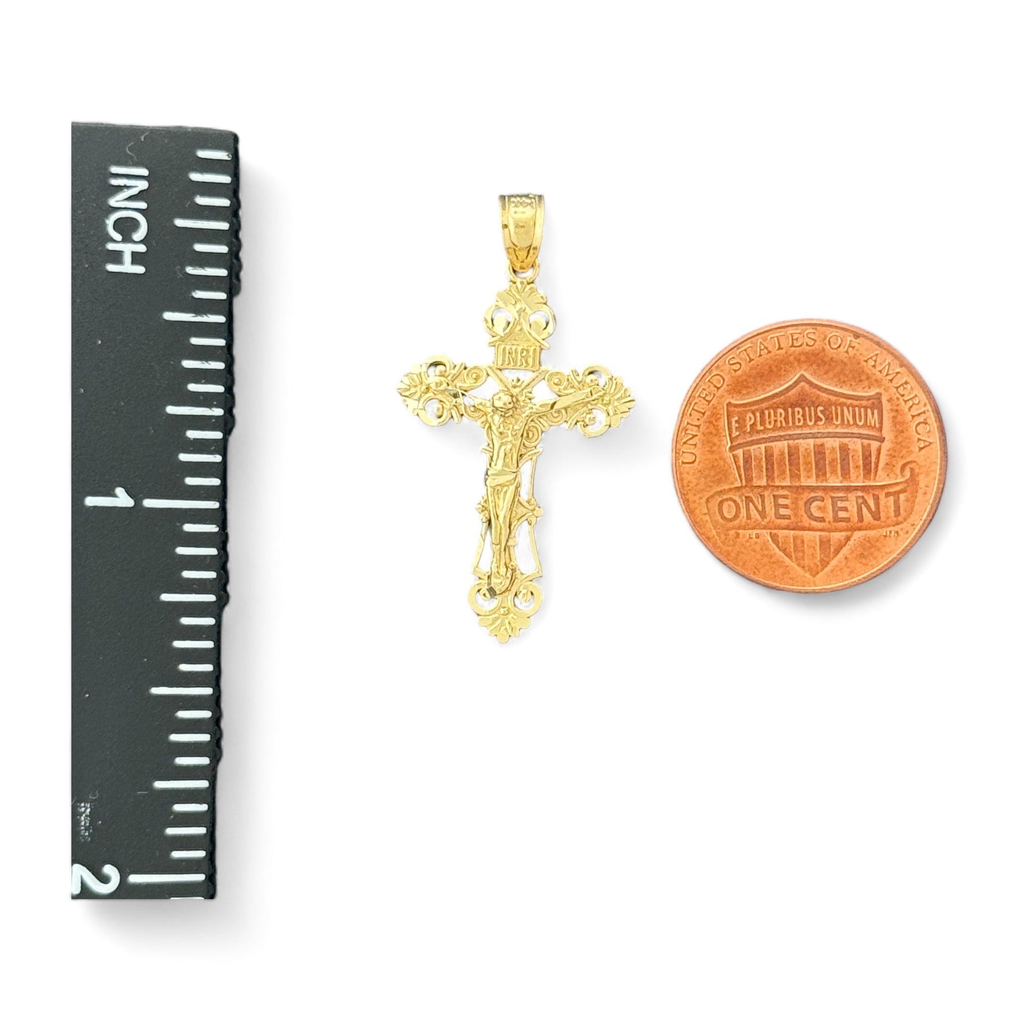 14KT Gold Crucifix Cross Pendant with Sparkling Cubic Zirconia Stones - Elegant Religious Jewelry