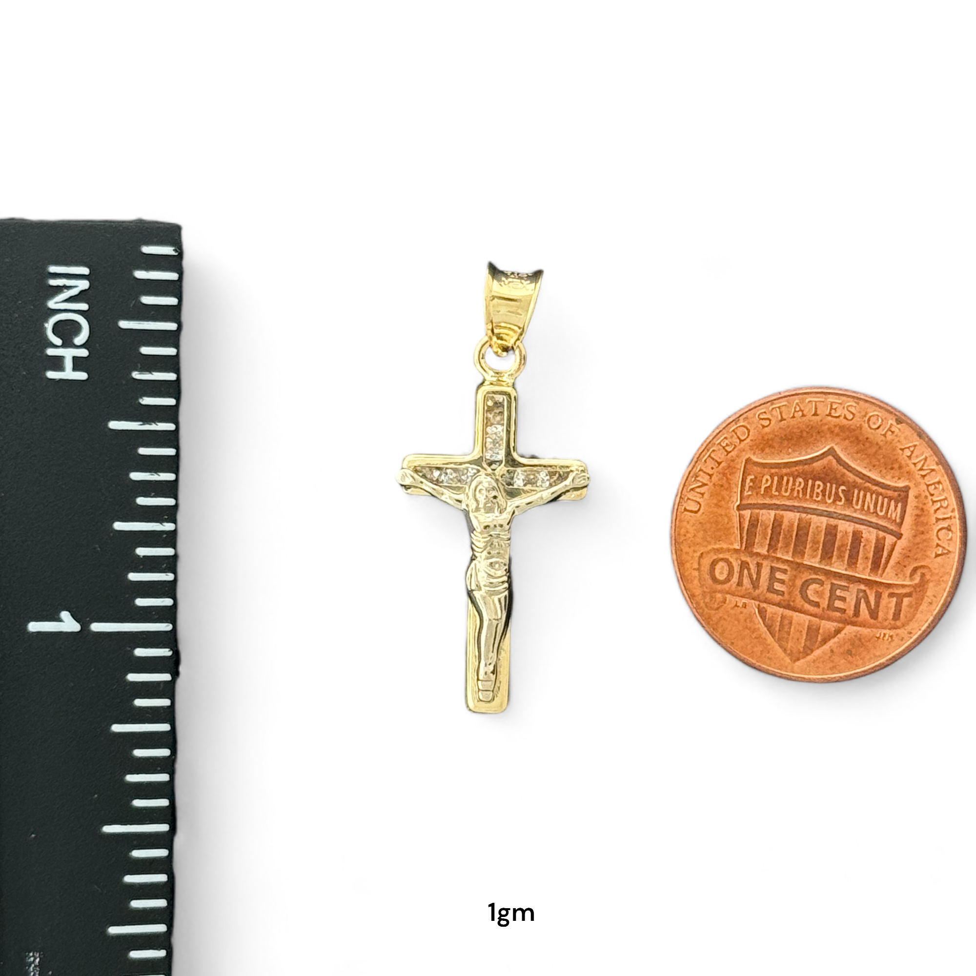 14KT Gold Crucifix Cross Pendant with Sparkling Cubic Zirconia Stones - Elegant Religious Jewelry