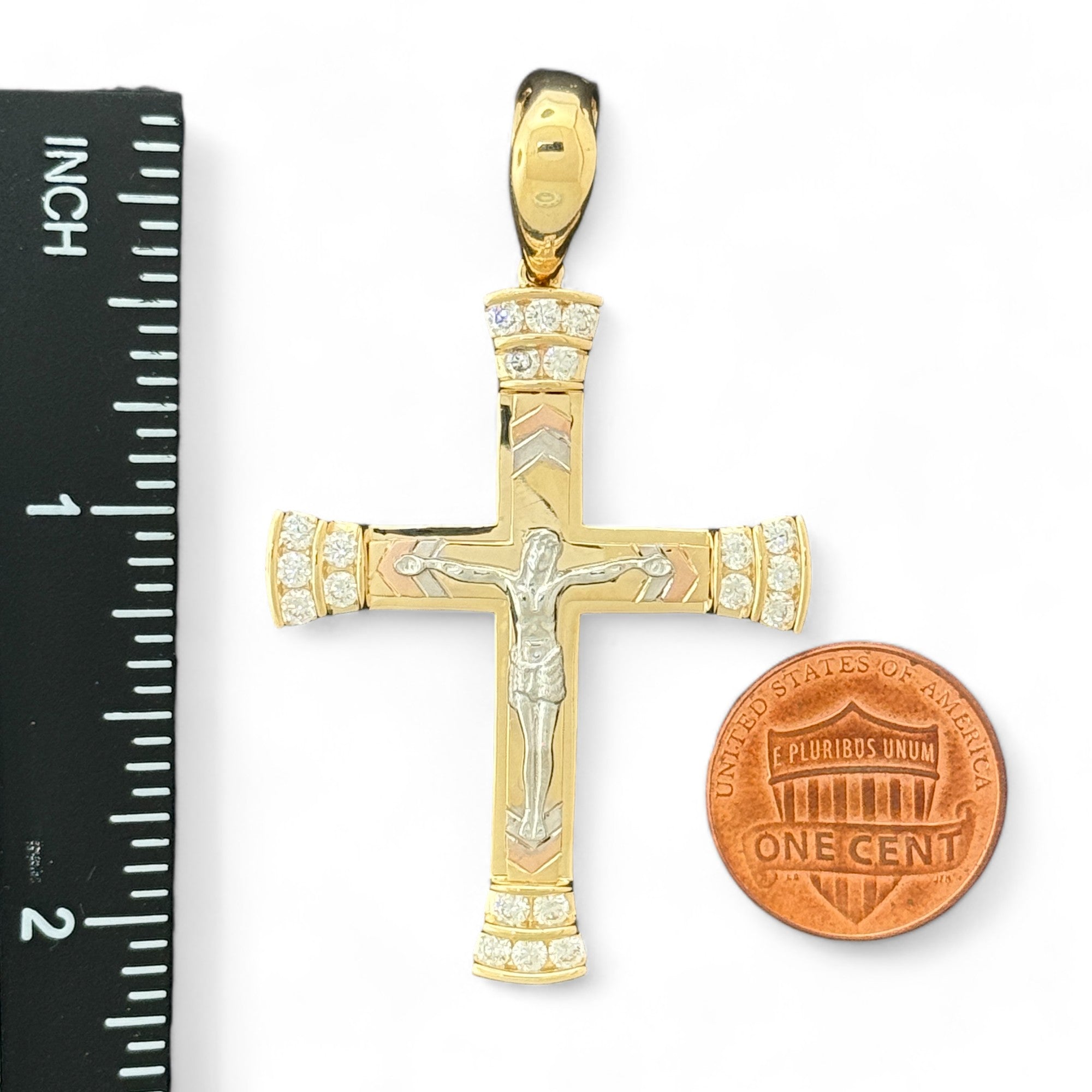 14KT Gold Crucifix Cross Pendant with Sparkling Cubic Zirconia Stones - Elegant Religious Jewelry