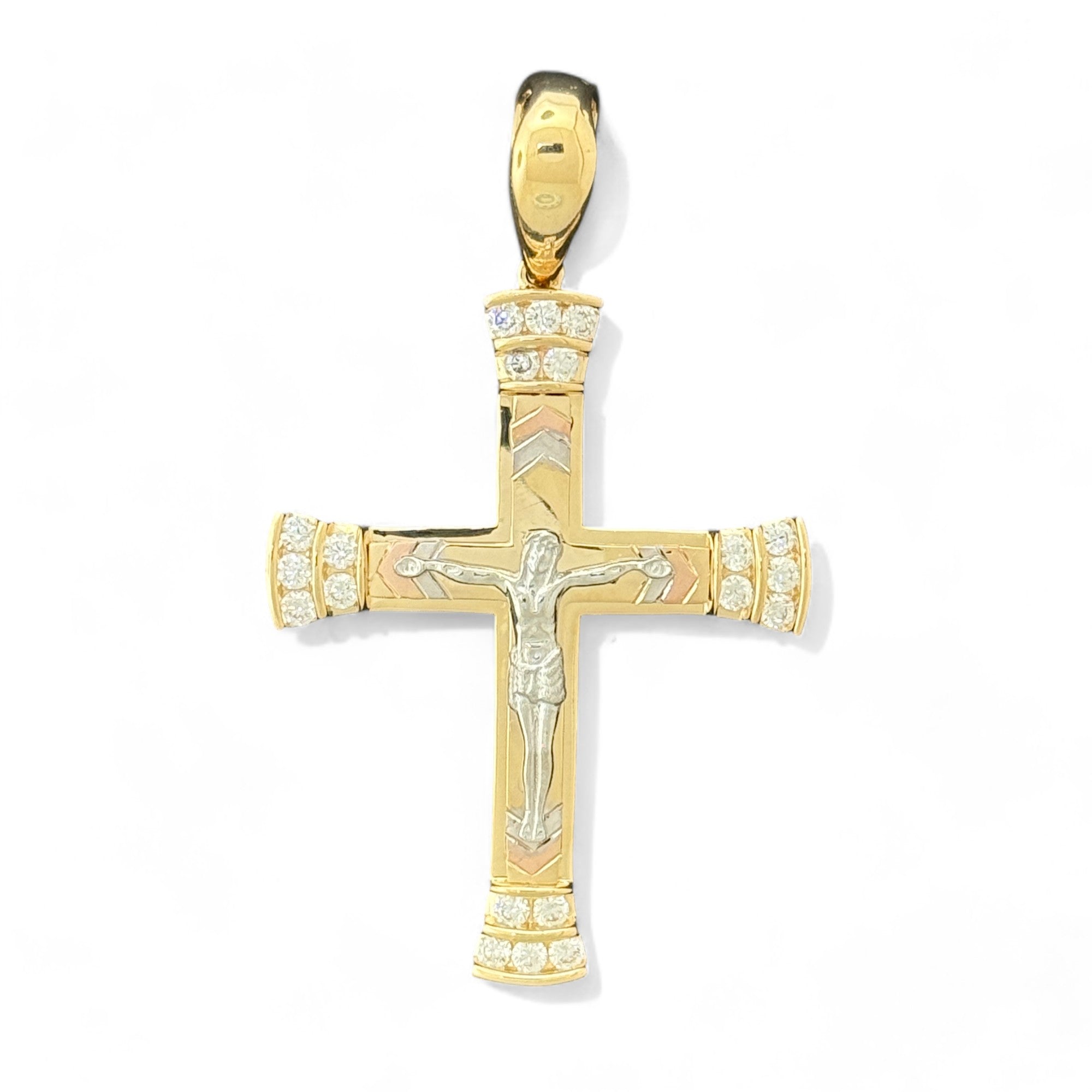 14KT Gold Crucifix Cross Pendant with Sparkling Cubic Zirconia Stones - Elegant Religious Jewelry