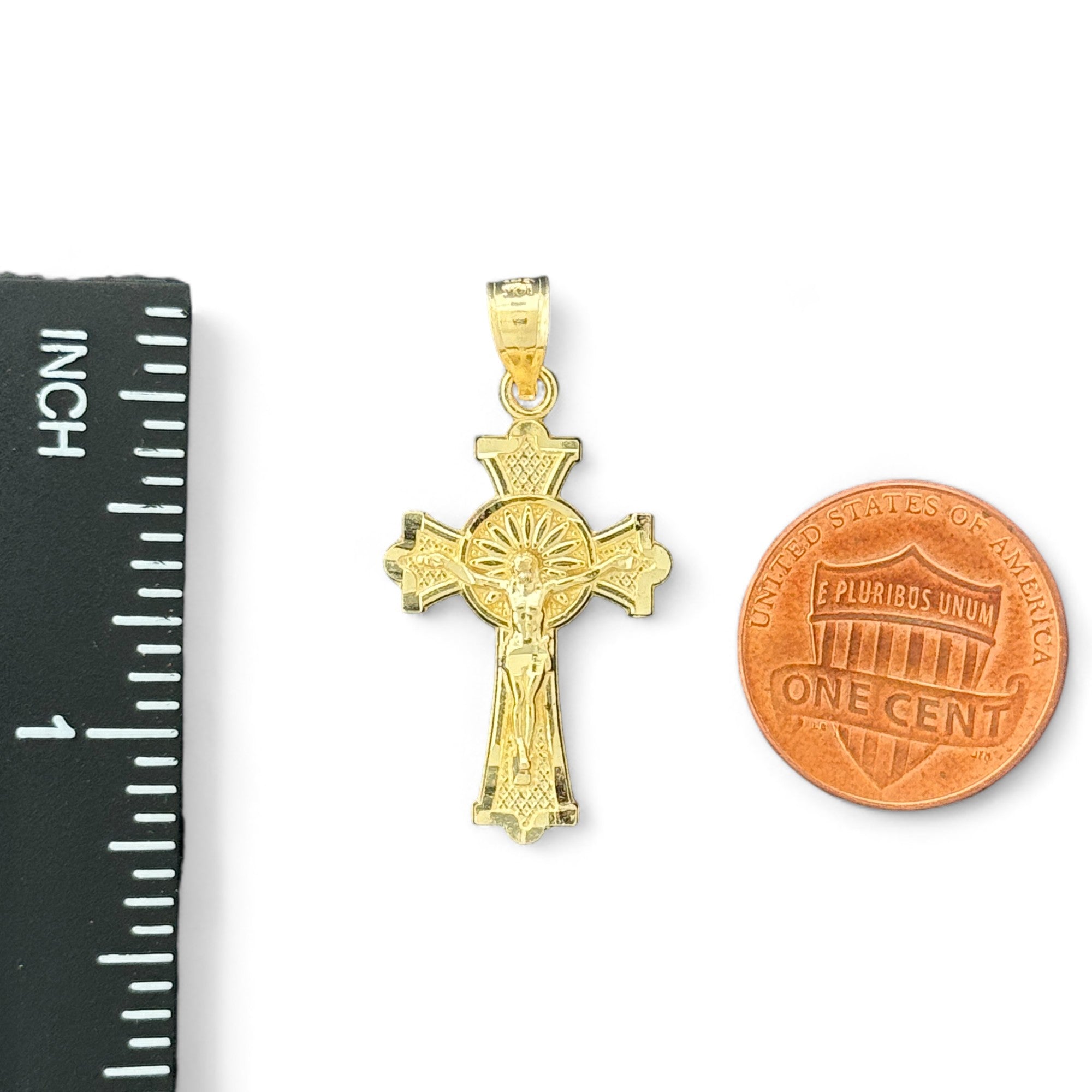 14KT Gold Crucifix Cross Pendant with Sparkling Cubic Zirconia Stones - Elegant Religious Jewelry