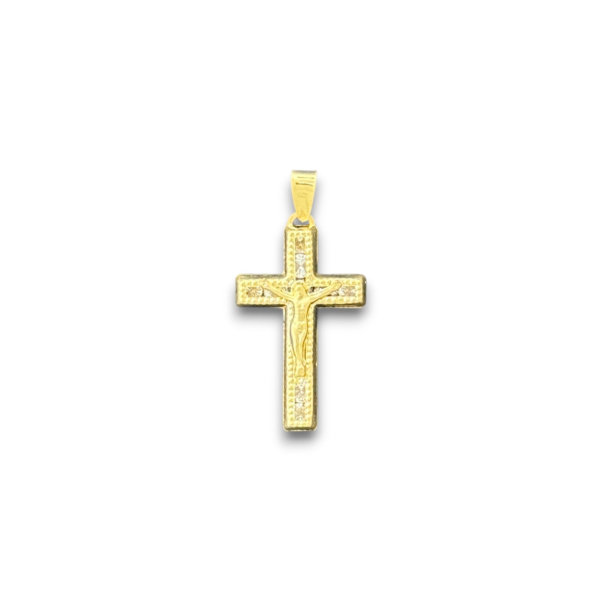 14KT Gold Crucifix Cross Pendant with Sparkling Cubic Zirconia Stones - Elegant Religious Jewelry
