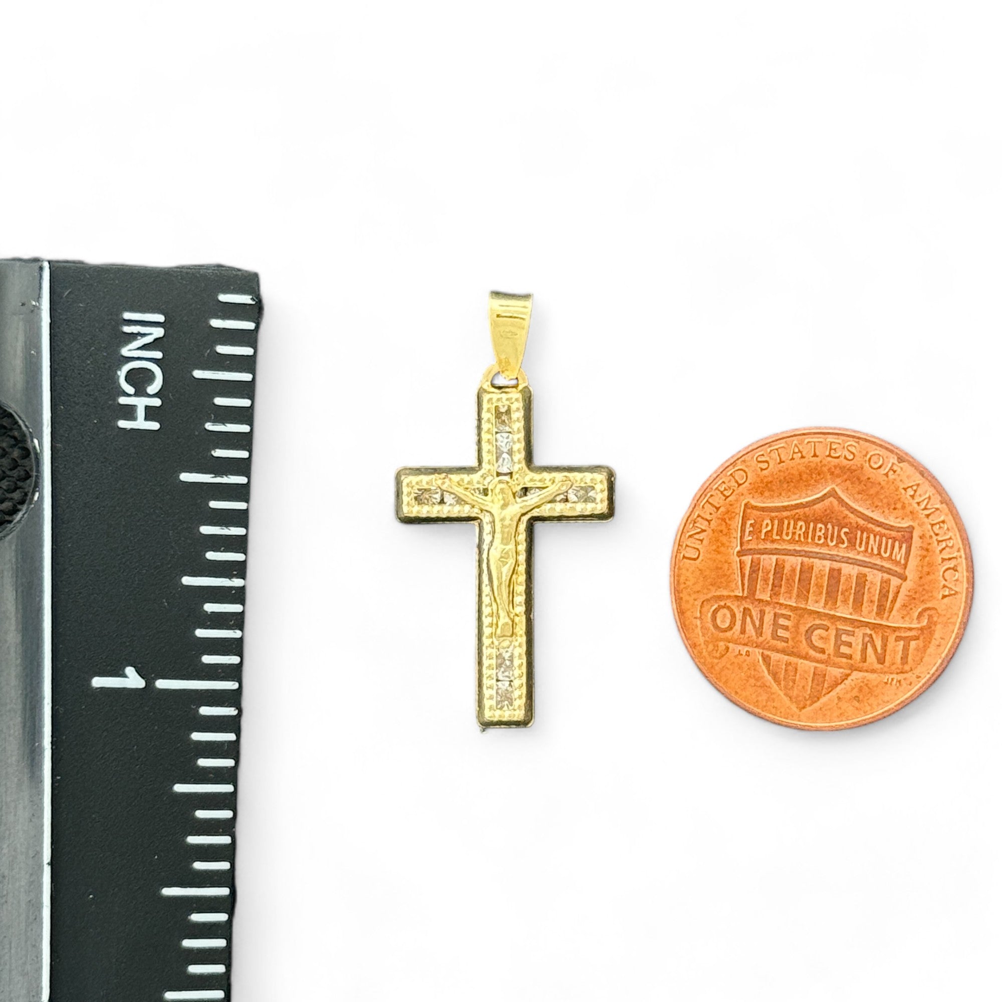 14KT Gold Crucifix Cross Pendant with Sparkling Cubic Zirconia Stones - Elegant Religious Jewelry