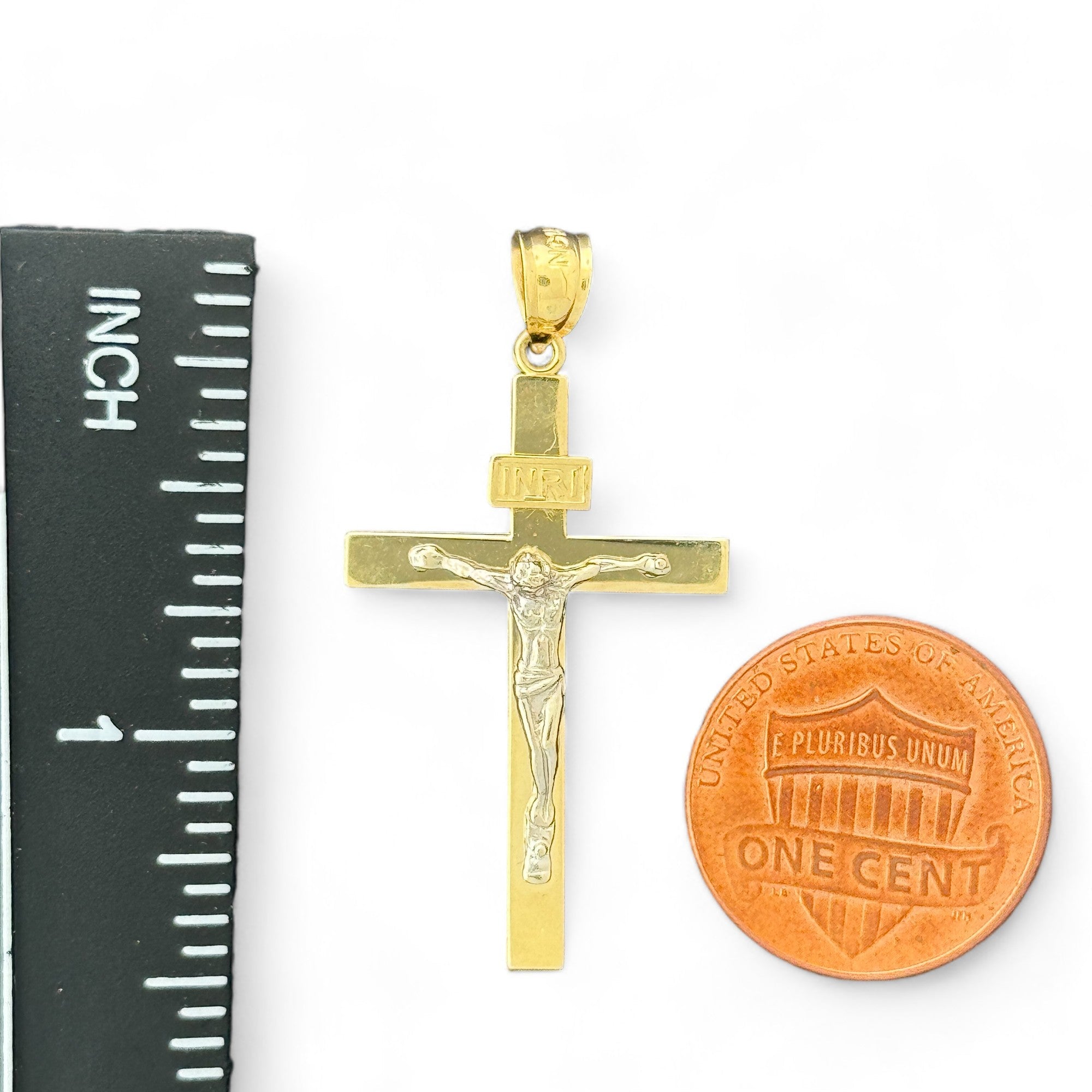 14KT Gold Crucifix Cross Pendant with Sparkling Cubic Zirconia Stones - Elegant Religious Jewelry