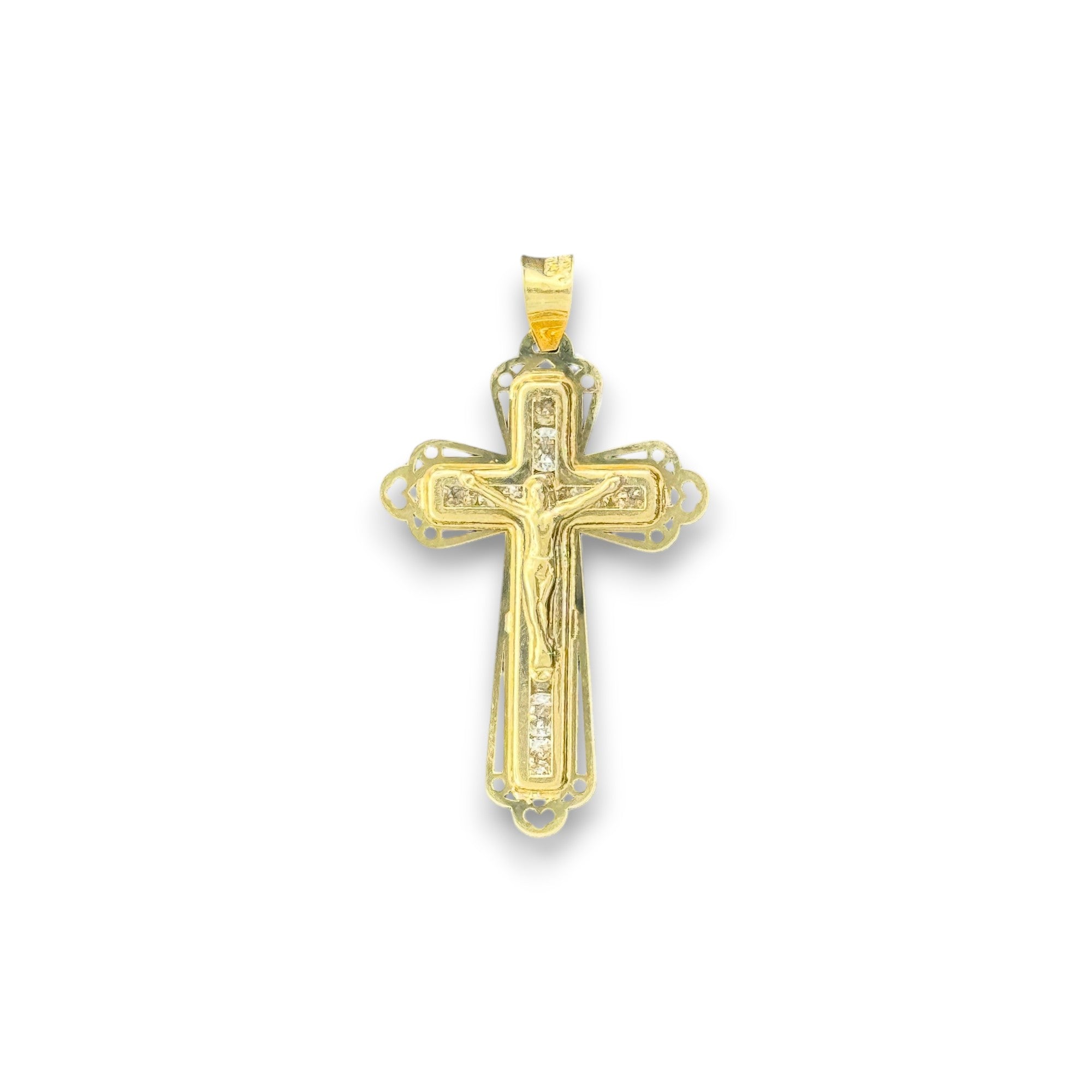 14KT Gold Crucifix Cross Pendant with Sparkling Cubic Zirconia Stones - Elegant Religious Jewelry