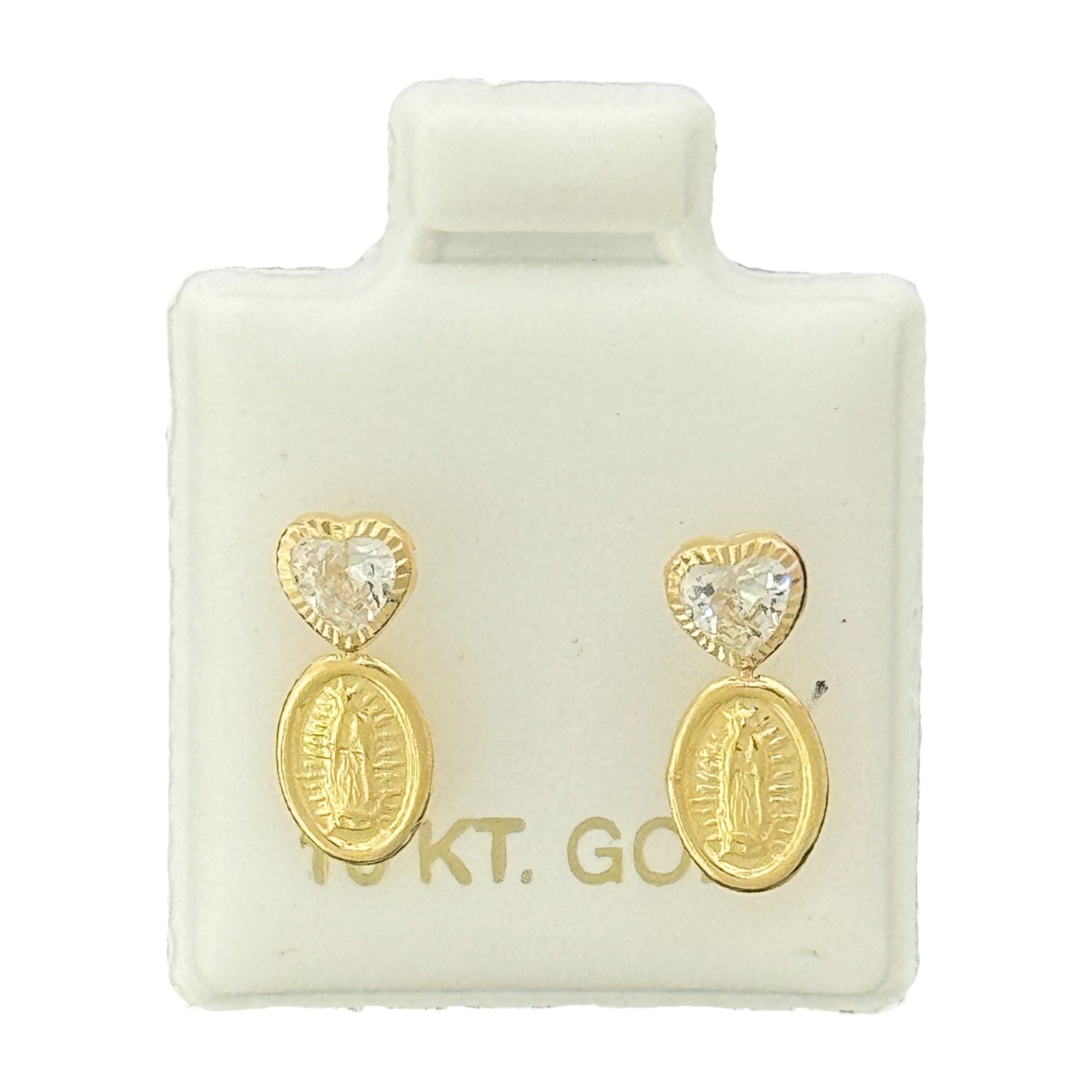 10KT Virgin Mary with Heart CZ Gold Earrings - Main Front View by Silver Factory