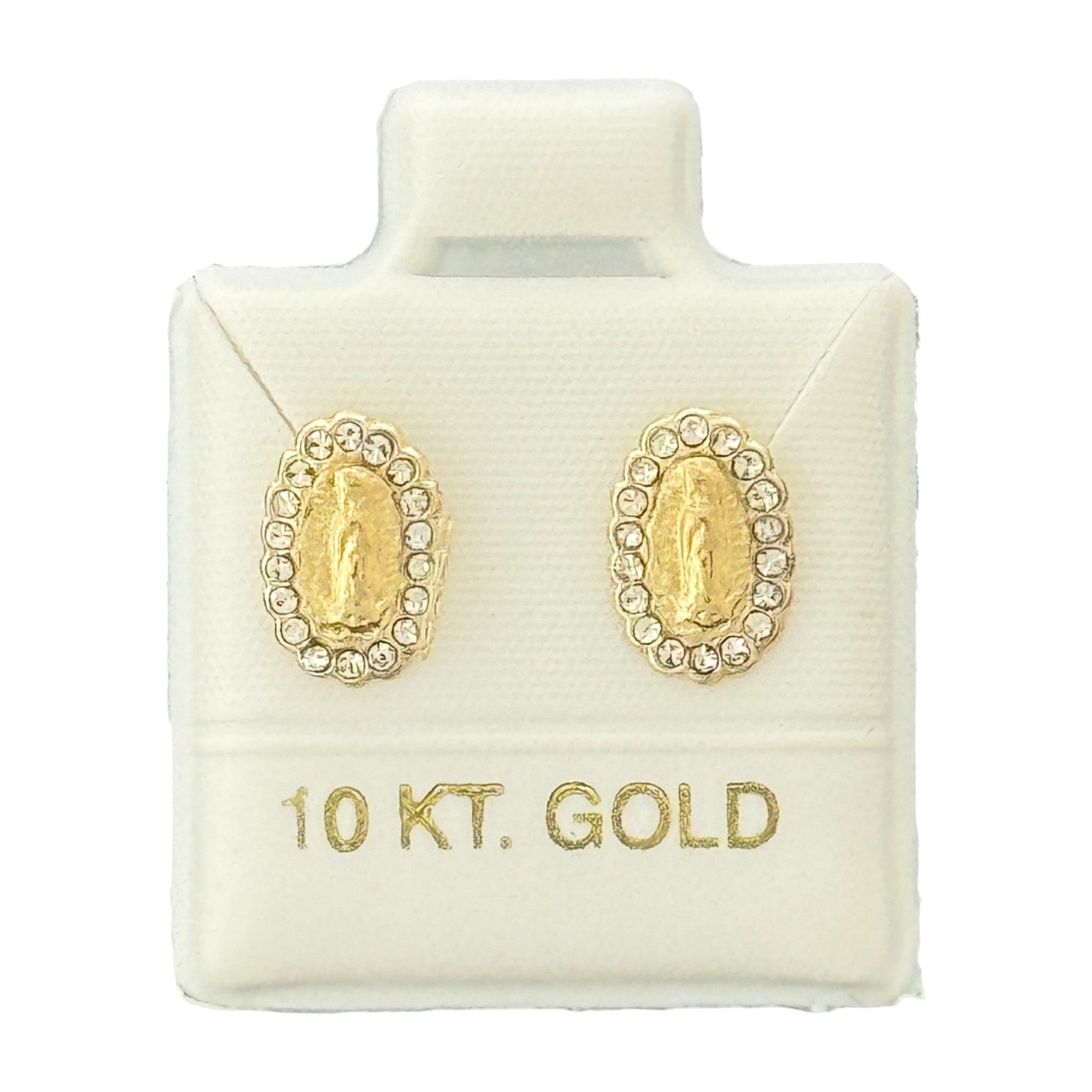 10KT Oval Virgin Mary Stud Gold Earrings with Stones - Main Front View by Silver Factory