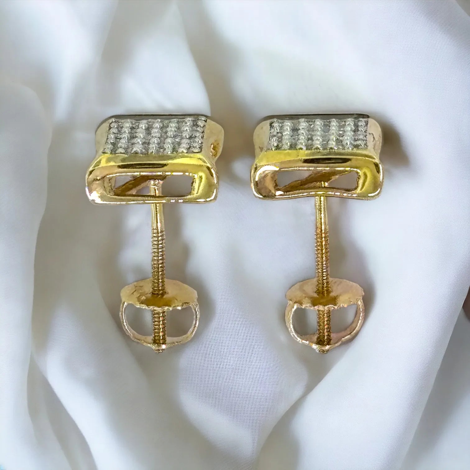 Back and side profile of 10KT gold 8mm men's square pave diamond studs (0.25ct SI diamonds), clearly displaying heavy-duty threaded screw-back posts and open gallery for maximum light return