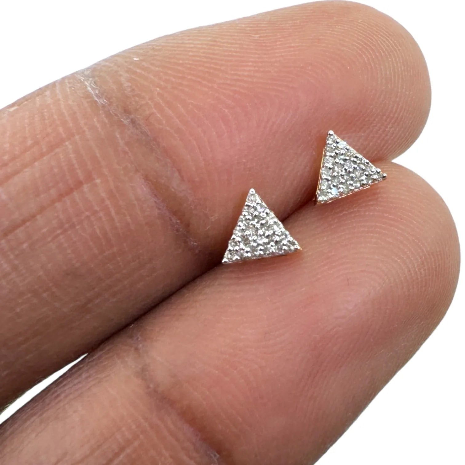 Luxury 10KT yellow gold 5mm triangle pave diamond earrings totaling 0.09 carats SI, shown with screw-back closure visible for secure everyday wear