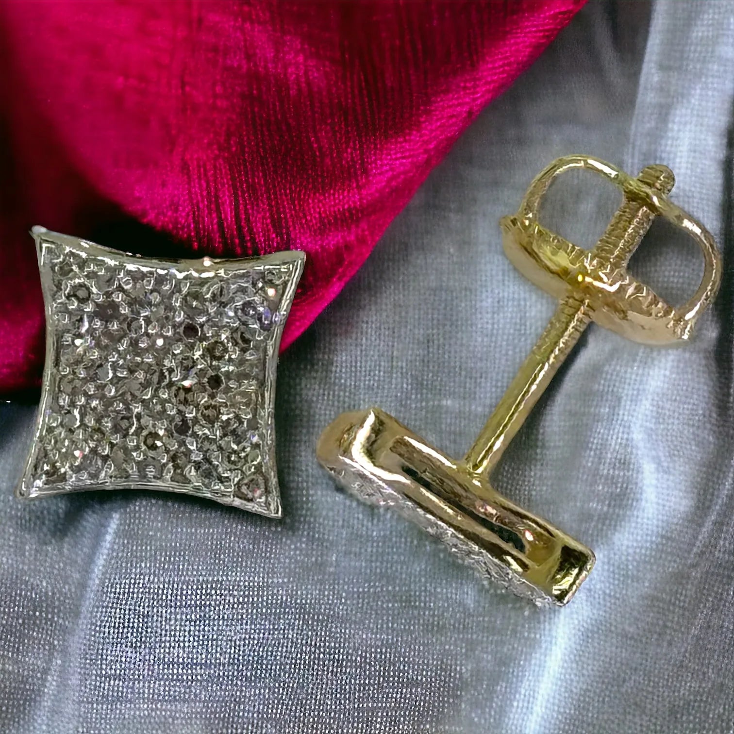 Close-up side and angled view of 10KT yellow gold 8mm square studs highlighting the pave diamond setting, polished edges, and solid screw-back mechanism