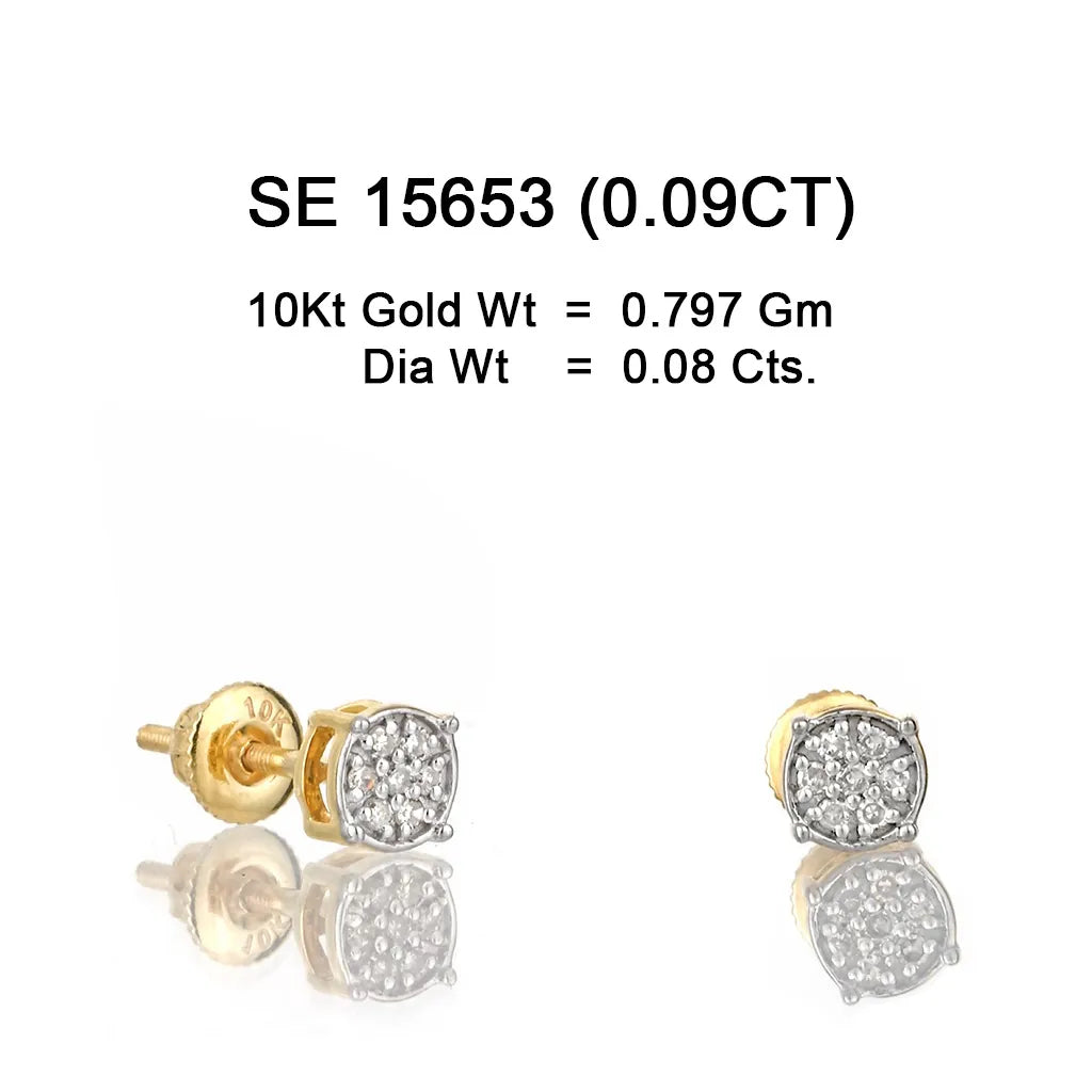 Classic 10KT yellow gold round brilliant-cut diamond stud earrings featuring a 0.09ct center diamond and secure screw-back closure
