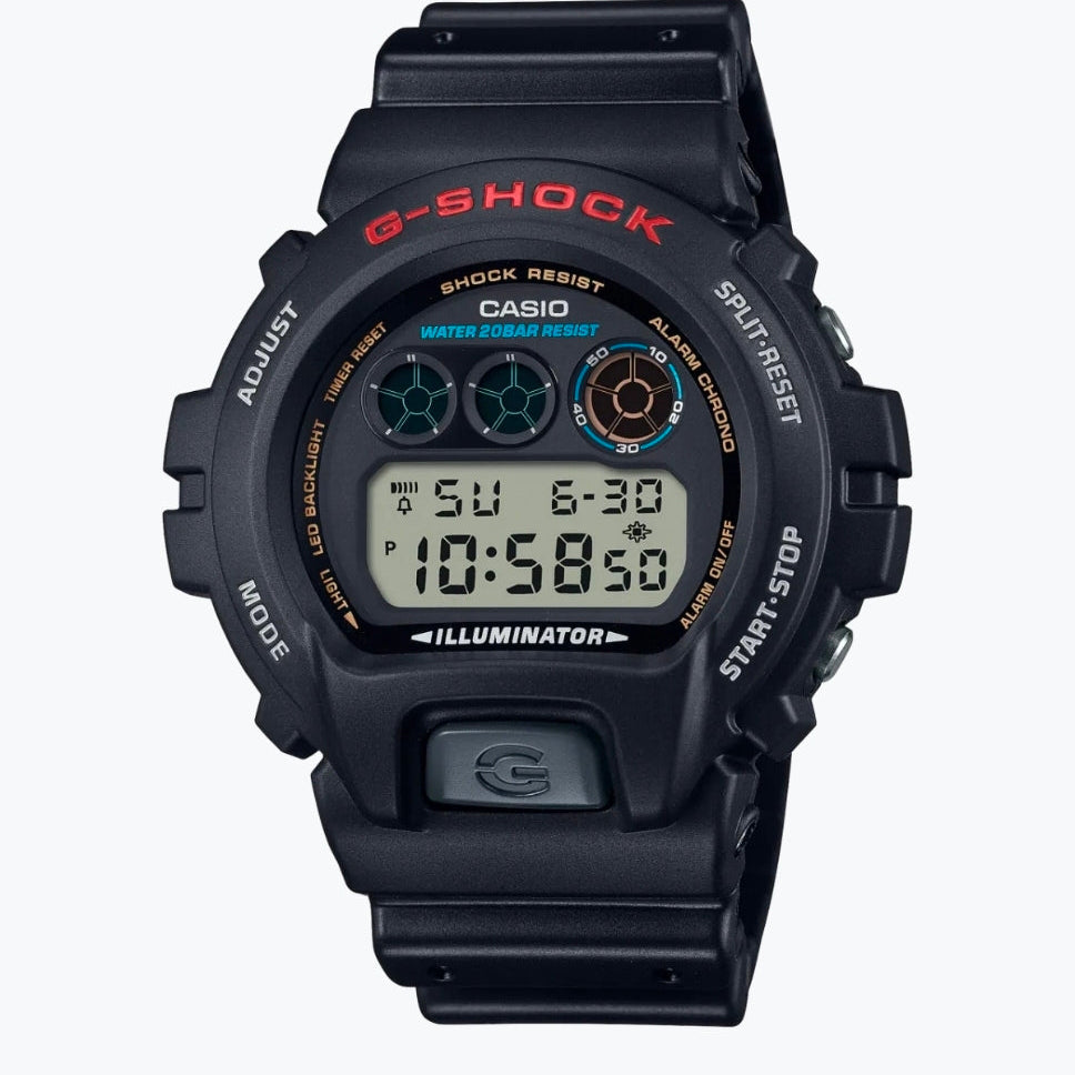 Casio G-Shock DW-6900 classic digital men's watch, black resin, triple-graph display, front-facing light button