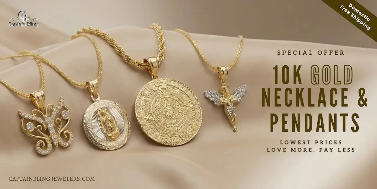 Gold necklaces and pendants displayed on a soft surface with promotional text.